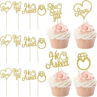 36Pcs He Asked She Said Yes Cupcake Toppers, Gold Glitter Engagement Cupcake Toppers, Diamond Ring Heart Cupcake Picks for Wedding Bridal Shower Party Cake Decorations