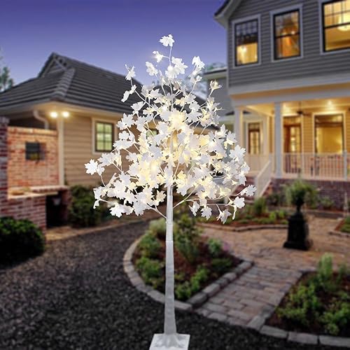 LIGHTSHARE Árbol de arce artificial iluminado con 120 luces LED de 6 pies, color blanco cálido, decoración de otoño de Halloween para interiores y