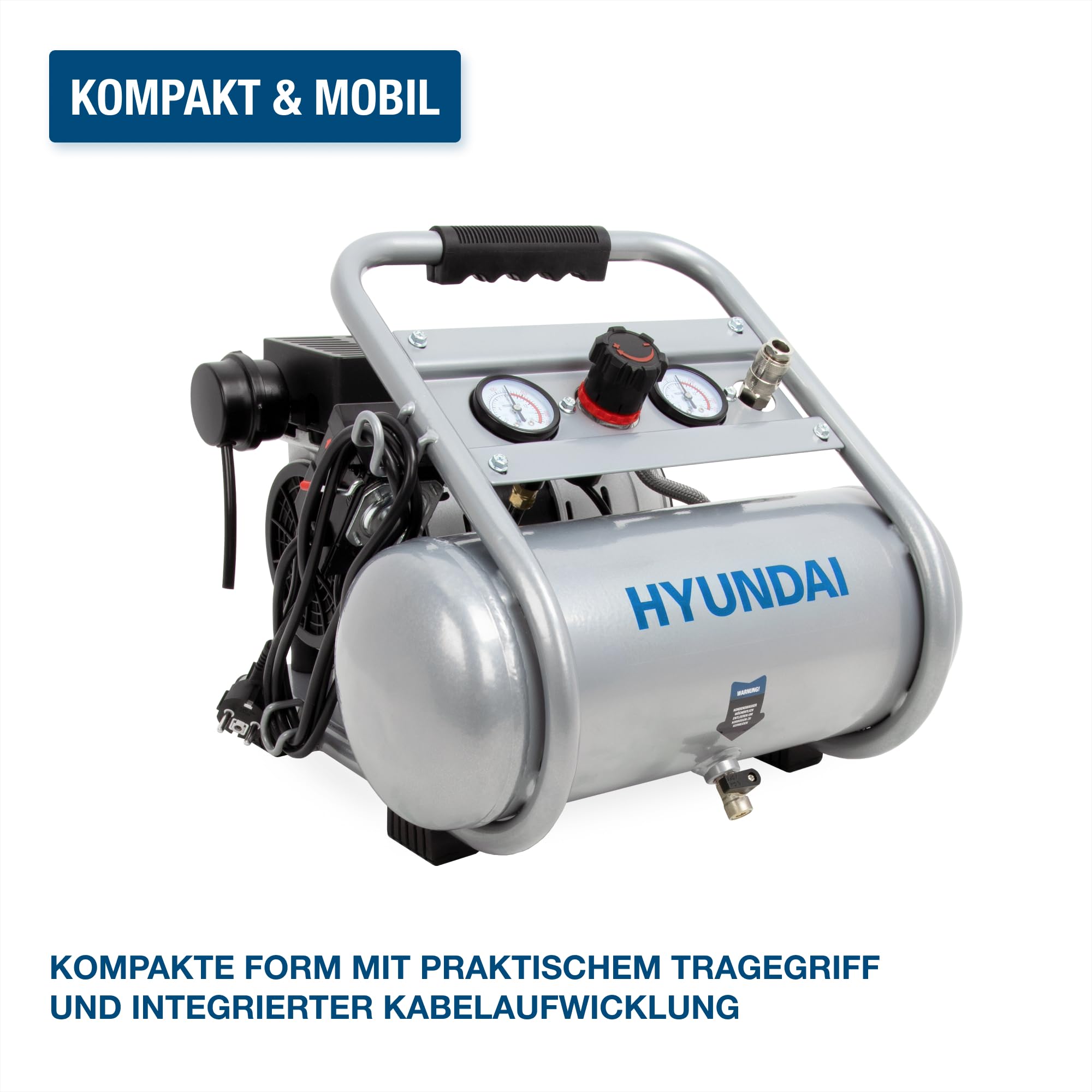 HYUNDAI Silent Kompressor SAC75008 | 8L Kessel | 0.75kW, 9bar | Ansaugleistung 128 L/Min | Luftkompressor leise, ölfrei | 2 Anschlüsse | Flüsterkompressor, Compressor flüsterleise