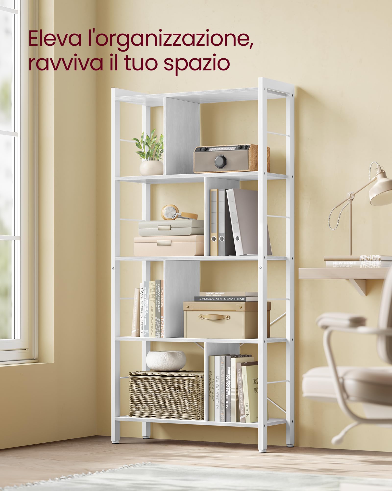 VASAGLE Libreria, Scaffale Portaoggetti a 5 Ripiani, Organizzatore per Studio Ufficio, con Scomparti Aperti per Soggiorno, in Stile Industriale, Bianco Acero e Bianco Nuvola LBC012W44