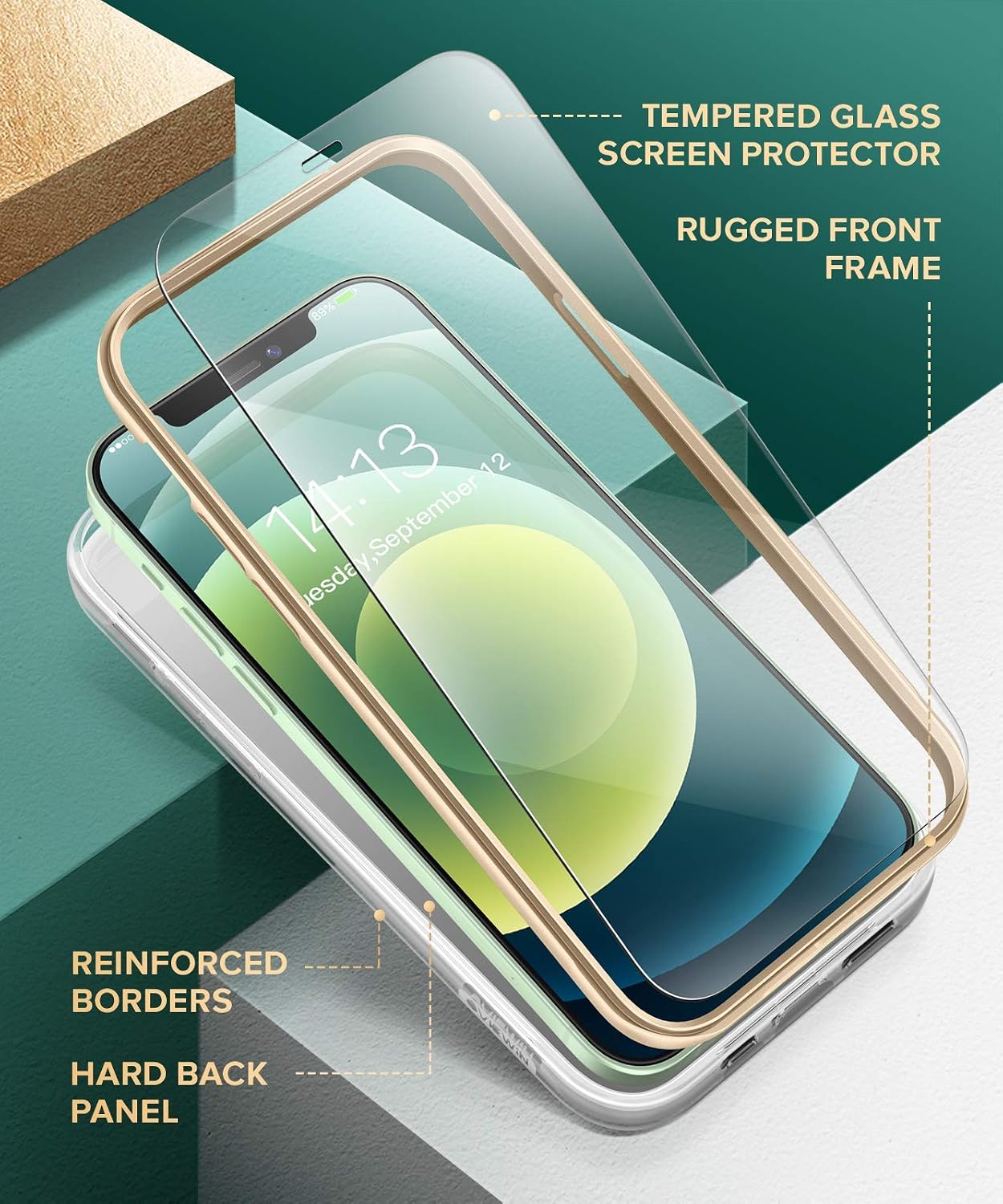 GVIEWIN Aurora Case Compatible with iPhone 12/ Compatible with iPhone 12 Pro 6.1" (2020), Marble Shockproof Drop Protection Full-Body Cover with [2 Tempered Glass Screen Protectors] (Green/Gold)