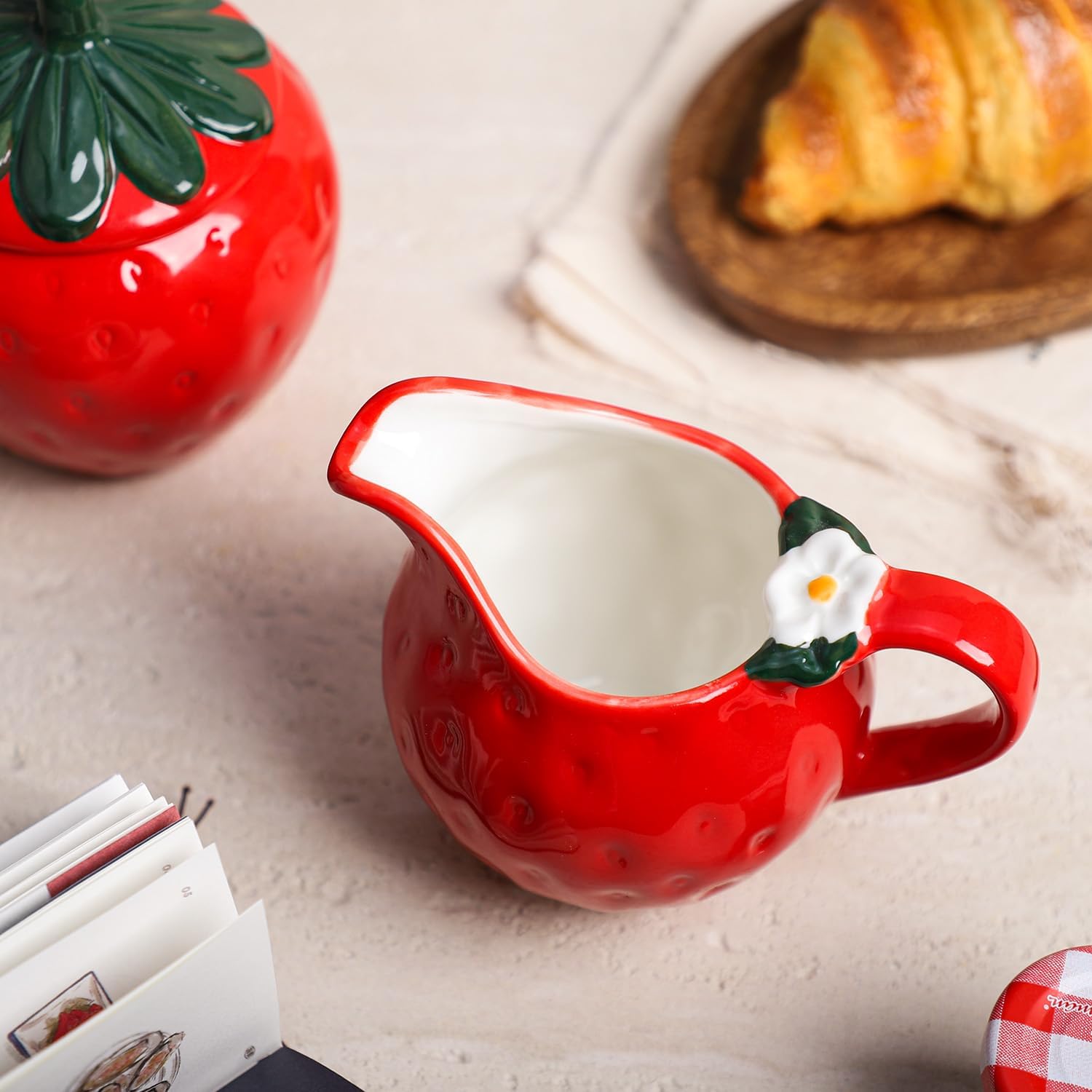CHOOLD Ceramic Strawberry Shape Creamer and Sugar Bowl Set, Cream Pitcher, Sugar Bowl with Lid, Coffee Serving Set