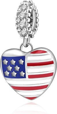 USA American Flag Charms 925 Sterling Silver Heart Love Motherland Charms Fits Pandora European Bracelet,Valentines Day Gifts