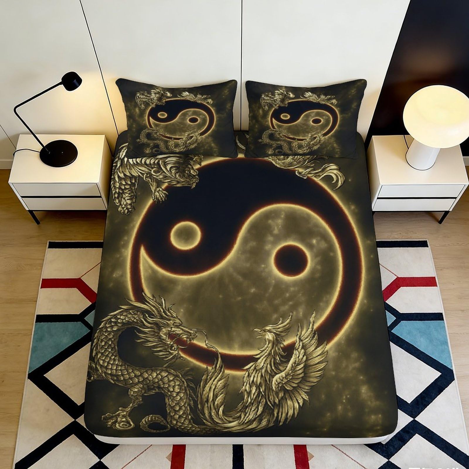 3D Printed Yin Yang Dragon Fitted Sheet Microfiber Anti-Slip Bed Cover for Bedroom Dorm Mattress Protection Decor 160x200x25cm