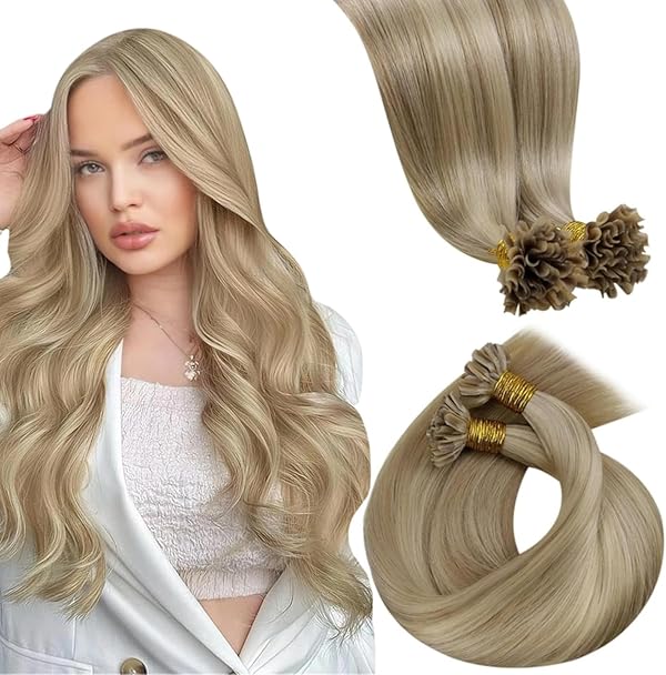 LaaVoo Keratin Bonding Extensions Echthaar Blond Highlight U Tip Goldblond Mit Mittelblond Glatt 50s/50g #16/22 45cm