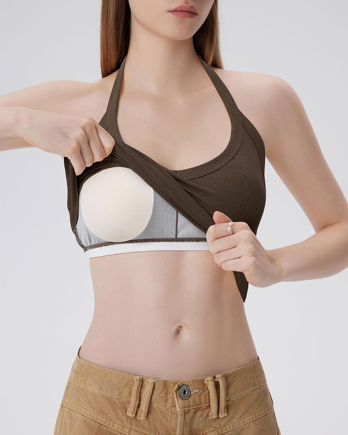 SUUKSESS Halter Tank Top for Women with Built in Bra Cotton Ribbed V Neck Cami - Image 3