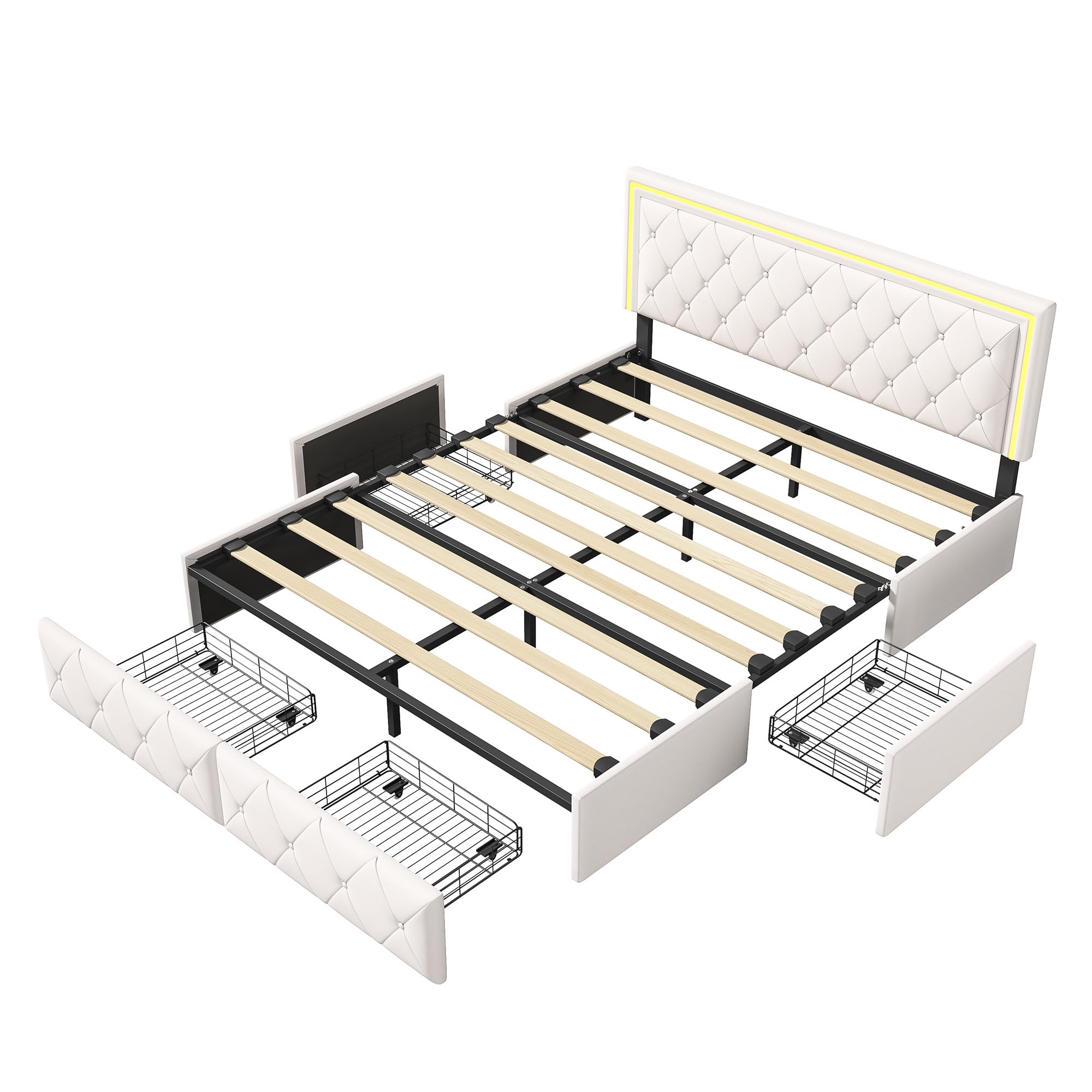 Letto imbottito 160 x 200 cm con illuminazione a LED, letto matrimoniale con 4 cassetti di stoccaggio, telaio letto matrimoniale con rete a doghe, letto cassetto, Beige bianco