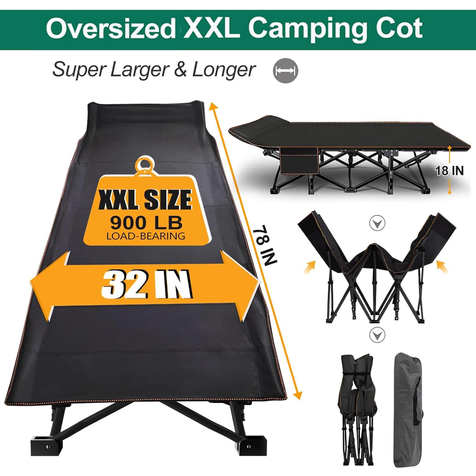 LILYPELLE Folding Camping Cot W/Mattress, 78