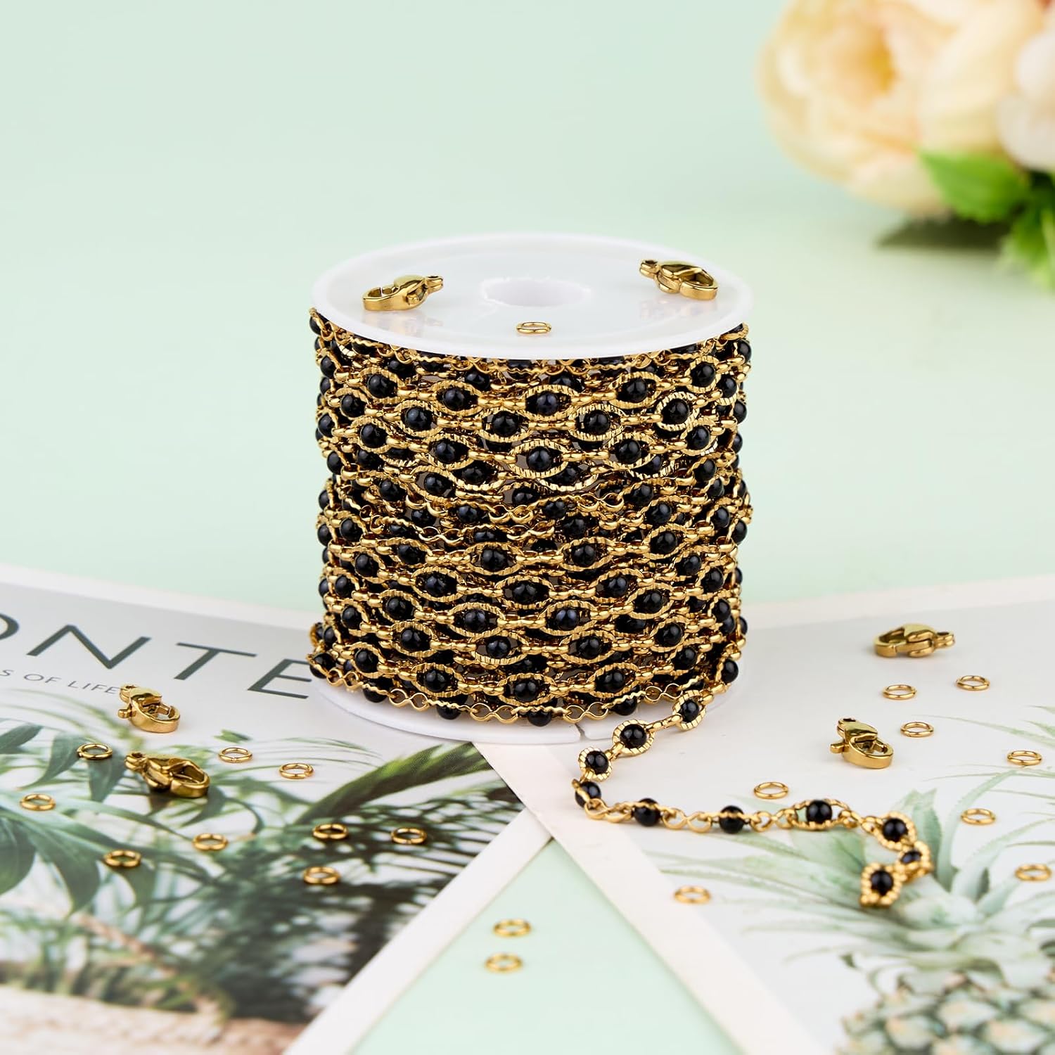 UMAOKANG 13 Feet Black Bead Evil Eye Chains for Jewelry Making Gold Plated Stainless Steel Chain Roll with Jump Rings and Lobster Clasps - Image 6