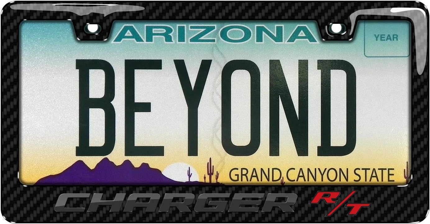 iPick Image for Dodge Charger R/T 3D in Dark Gray on Real Carbon Fiber ABS Plastic License Plate Frame