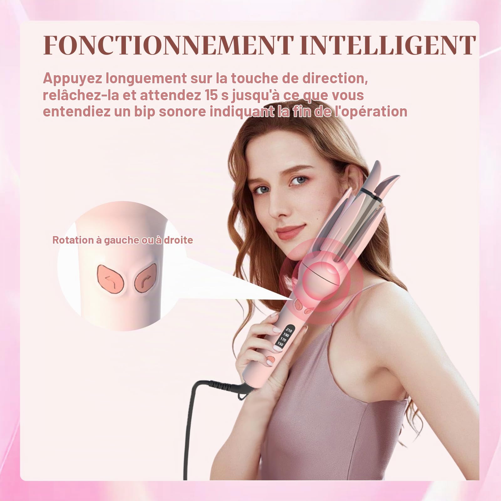 Fer à Friser Automatique, Boucleur à Cheveux avec 4 Température Réglable, Anti-brûlure, Rotatif à 360° Fer a Boucler pour Coiffure, Rose