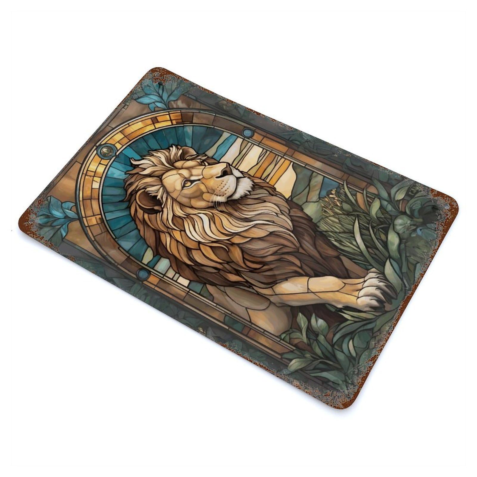 Rust Effect Lion Animal Rustic Tin Plaque 11.8"x7.9", Shabby Chic Decor for Basement, Hobby Room And Garage Decor