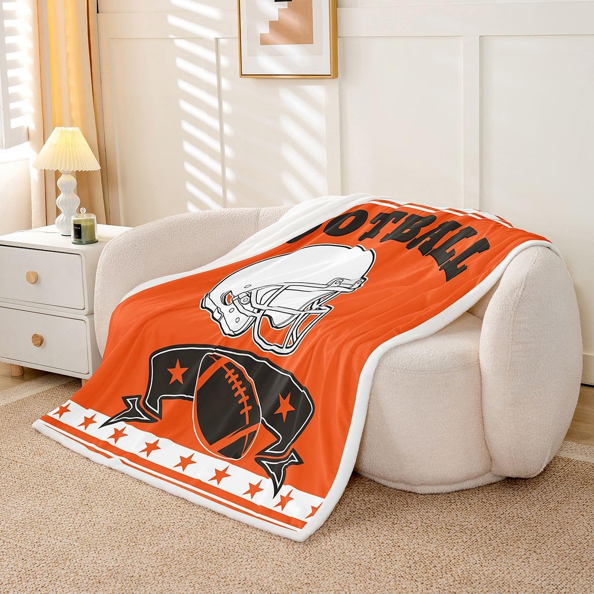 Erosebridal Football Cool Sports Throw Blanket for Boys Kids Teens Football Fleece Blanket, Fierce Tiger Animal Design Blanket Orange and Black Stripes Stars Fuzzy Blanket Queen