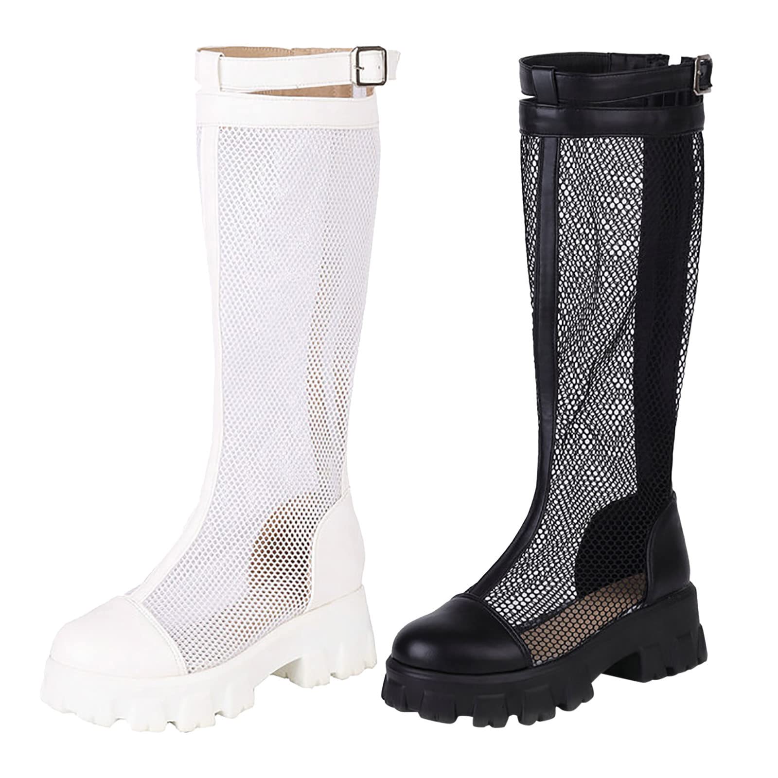 Stivali da donna a metà polpaccio Primavera Ed Estate Moda Mesh Stivali Tacco Quadrato Spessa Confortevole Stivali da Cowboy in Pelle Al Ginocchio