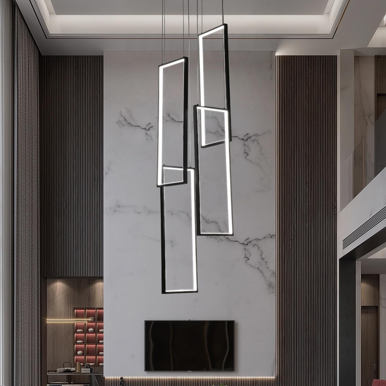 Modern Adjustable Height Led Pendant Light,Dimmable Rectangle Chandeliers Ceiling Light.Hanging Lights for Stairs Living Room Kitchen Island Foyer Lobby Villa Loft High Ceiling,4 Light
