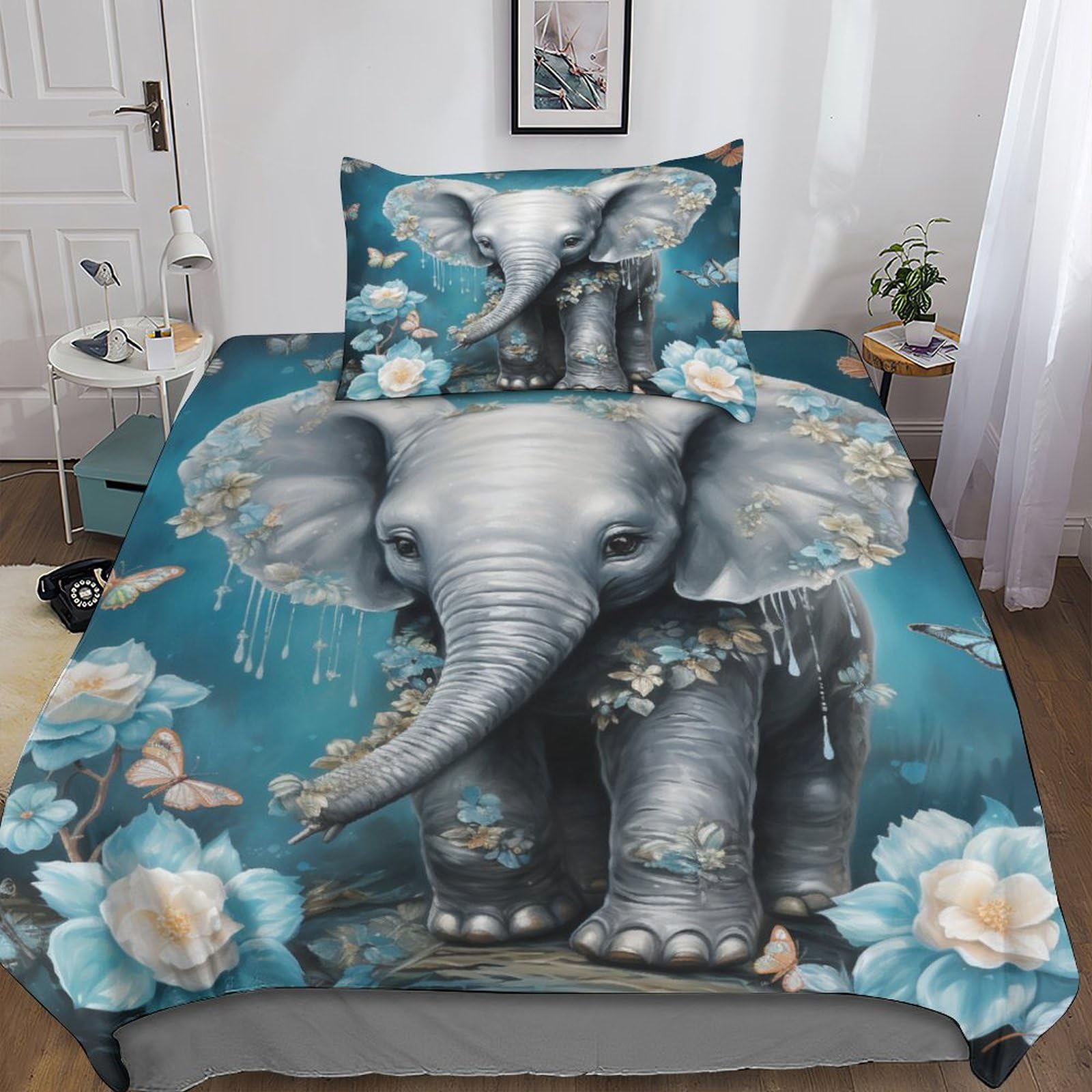 Set copripiumino con elefante stampato in 3D, per ragazzi e ragazzi, per letto singolo (135 x 200 cm), set copripiumino per decorazione della stanza, set da 3 pezzi