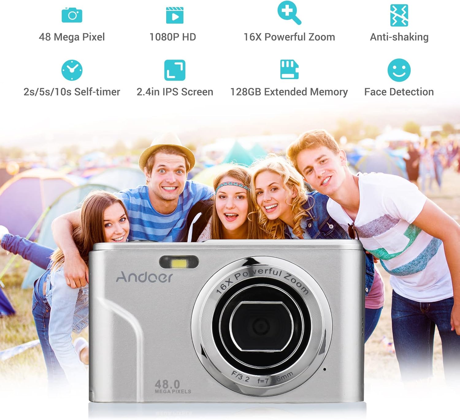 andoer portable digital camera 48mp 1080p 2 4 inch ips screen 16x zoom auto focus self timer 128gb extended memory face detection anti shaking with 2p