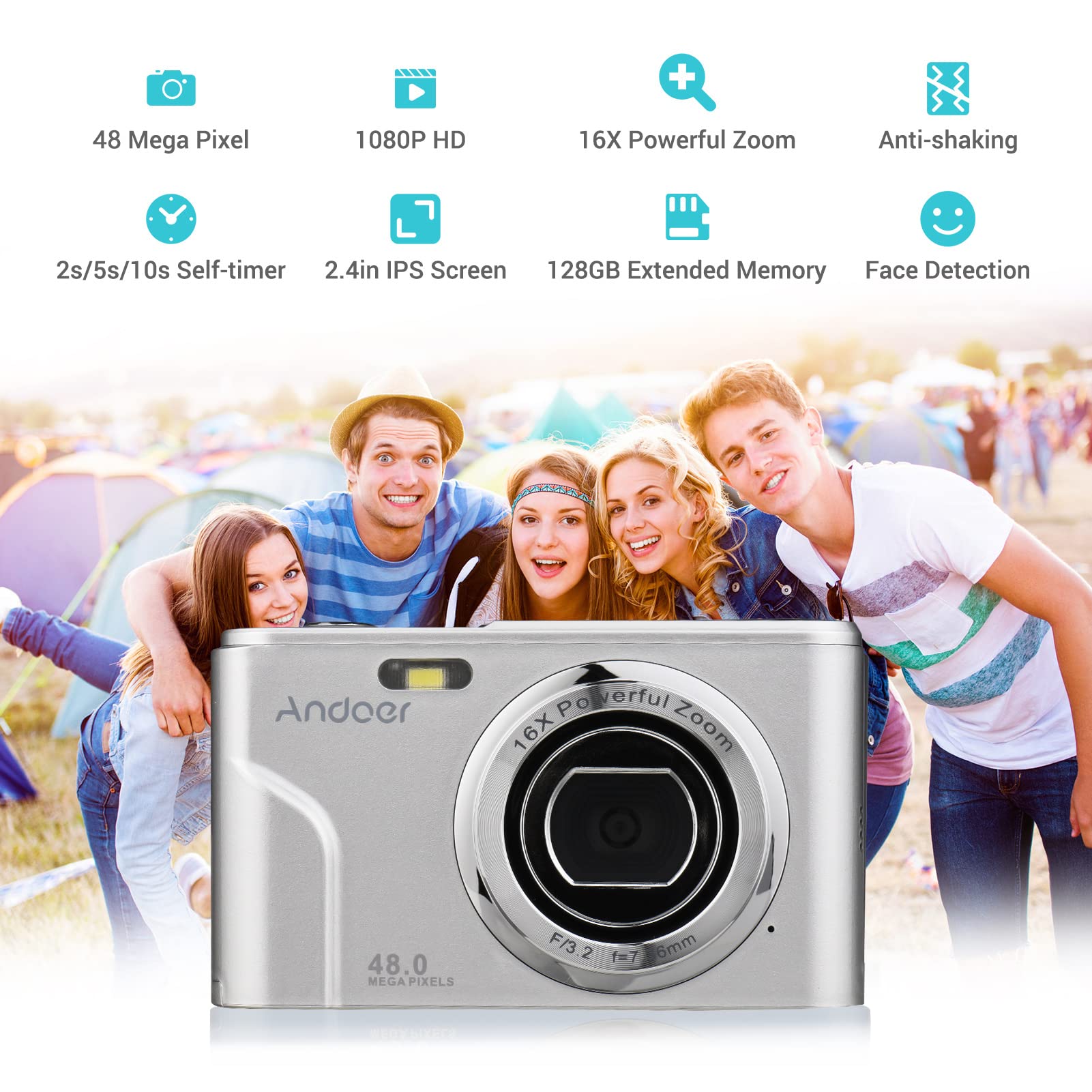 Andoer Przenośny aparat cyfrowy 48 MP 1080p 2,4" IPS 16X zoom 16X samowyzwalacz autofokusowy 128 GB rozszerzona pamięć wykrywanie twarzy zapobiegający wstrząsom z 2 bateriami Pasek do noszenia