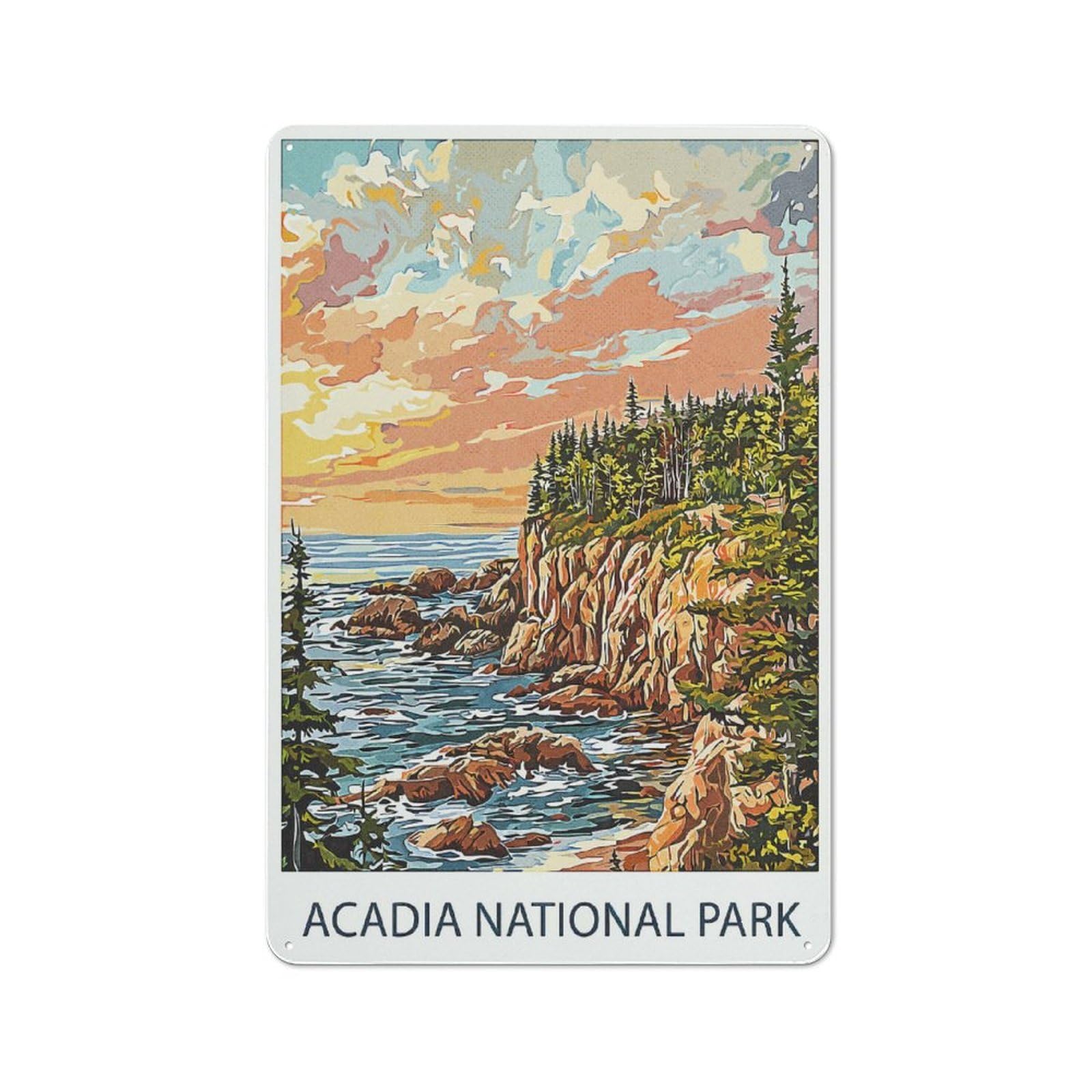 Junmoney Style-2 Tin Wall Plaque 30X20cm With Acadia National Park Sunset For Home Office Or Studio, For Metal Sign Collectors, For Garage And Workshop Walls