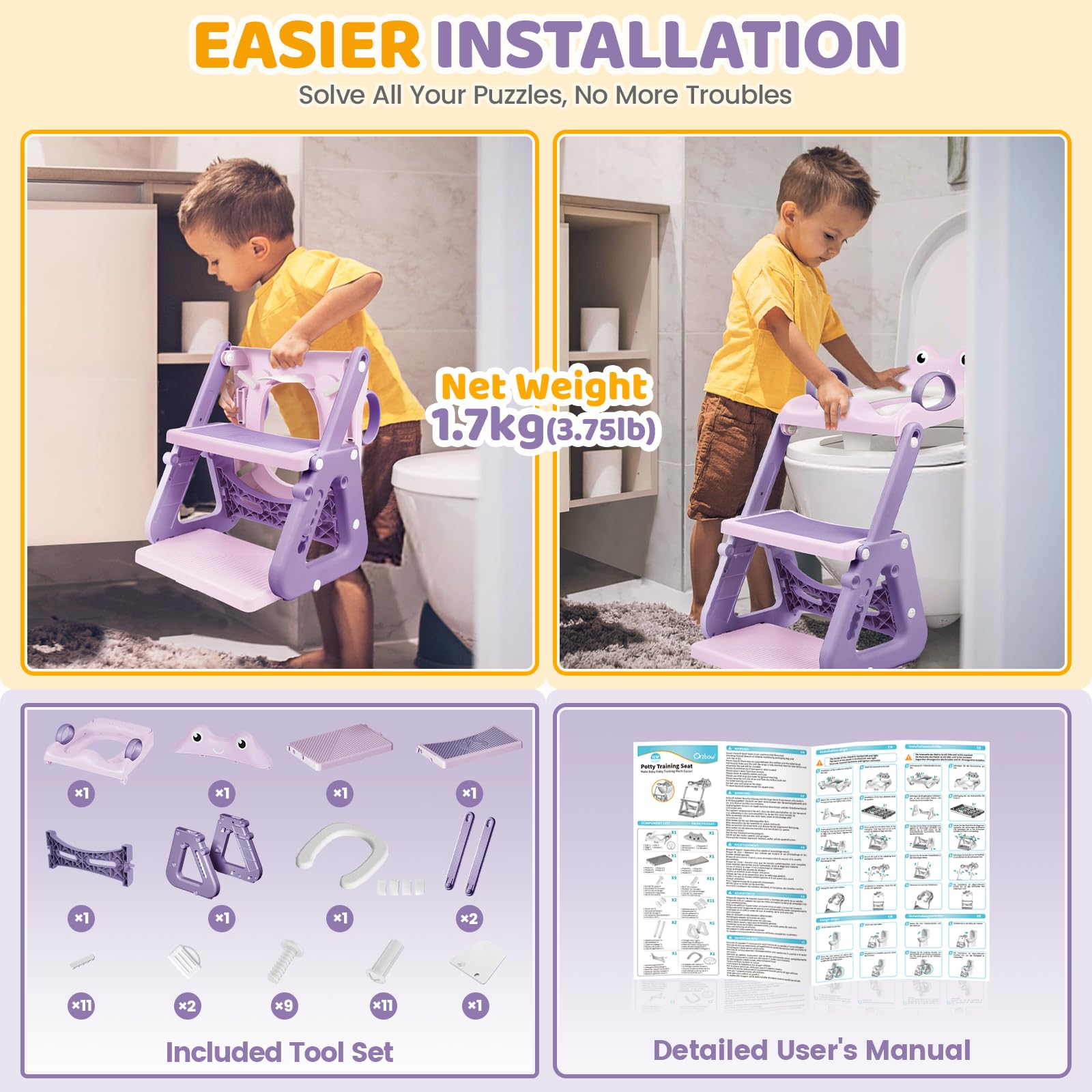 Orzbow Toilettensitz Kinder, Stabil Kinder Toilettensitz mit Treppe und Dreiecksstruktur, Verlängerter Pedal- und Spritzschutz und PVC-Polster, Rutschfest und Faltbar, Frosch, Violett-Rosa