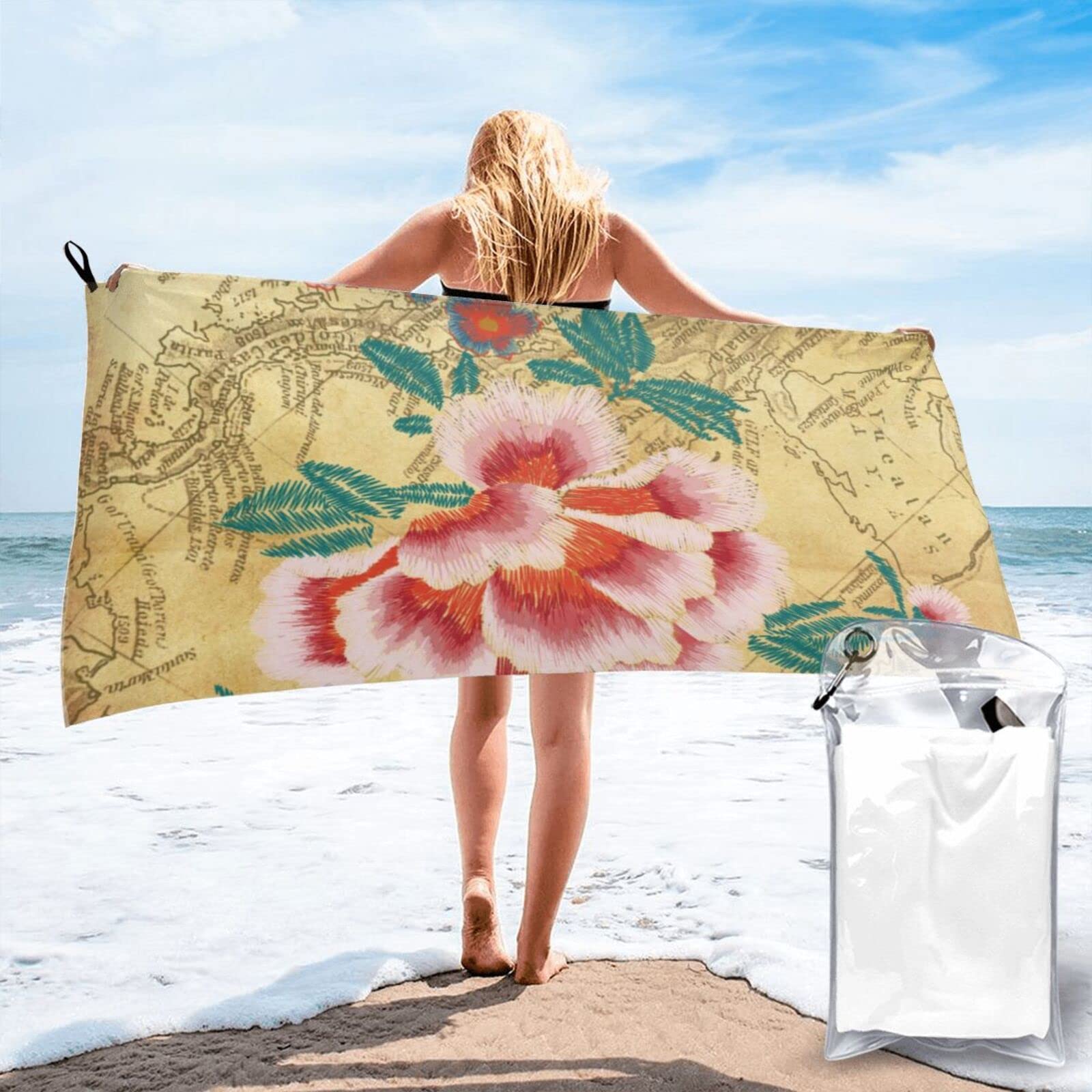 Lawenp Vintage Map and Flower Microfiber Beach Towel Adults Large Quick Drying Bath Towel Travel Towels with Pouch 31.5"x63"