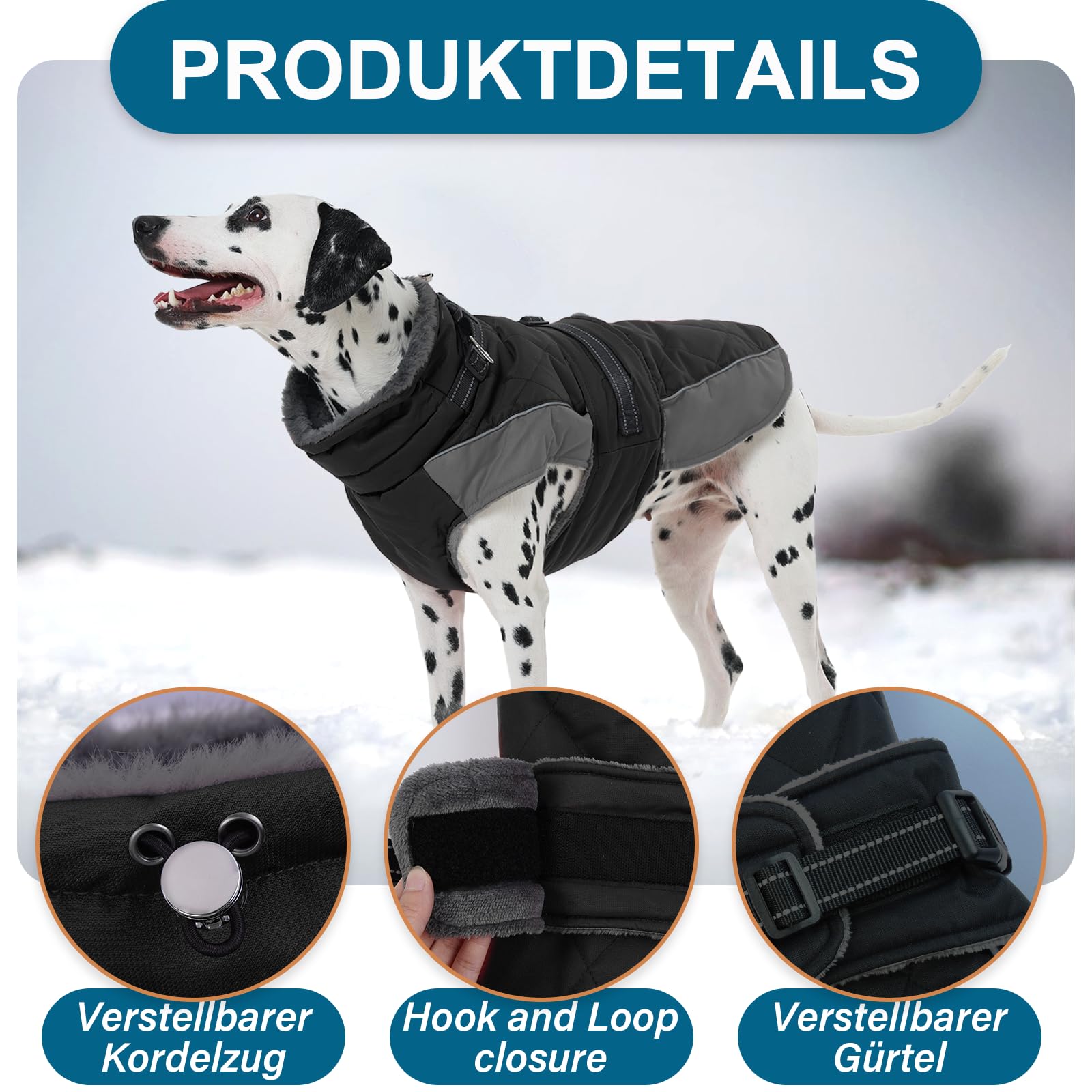 Hundemantel, Hunde Wintermantel mit Reflektierenden Streifen Geschirr Faltbarer Fleece Ausschnitt, Wasserbeständig Hundemantel für Große Hunde, Deutsche Dogge, Schwarz, 3XL