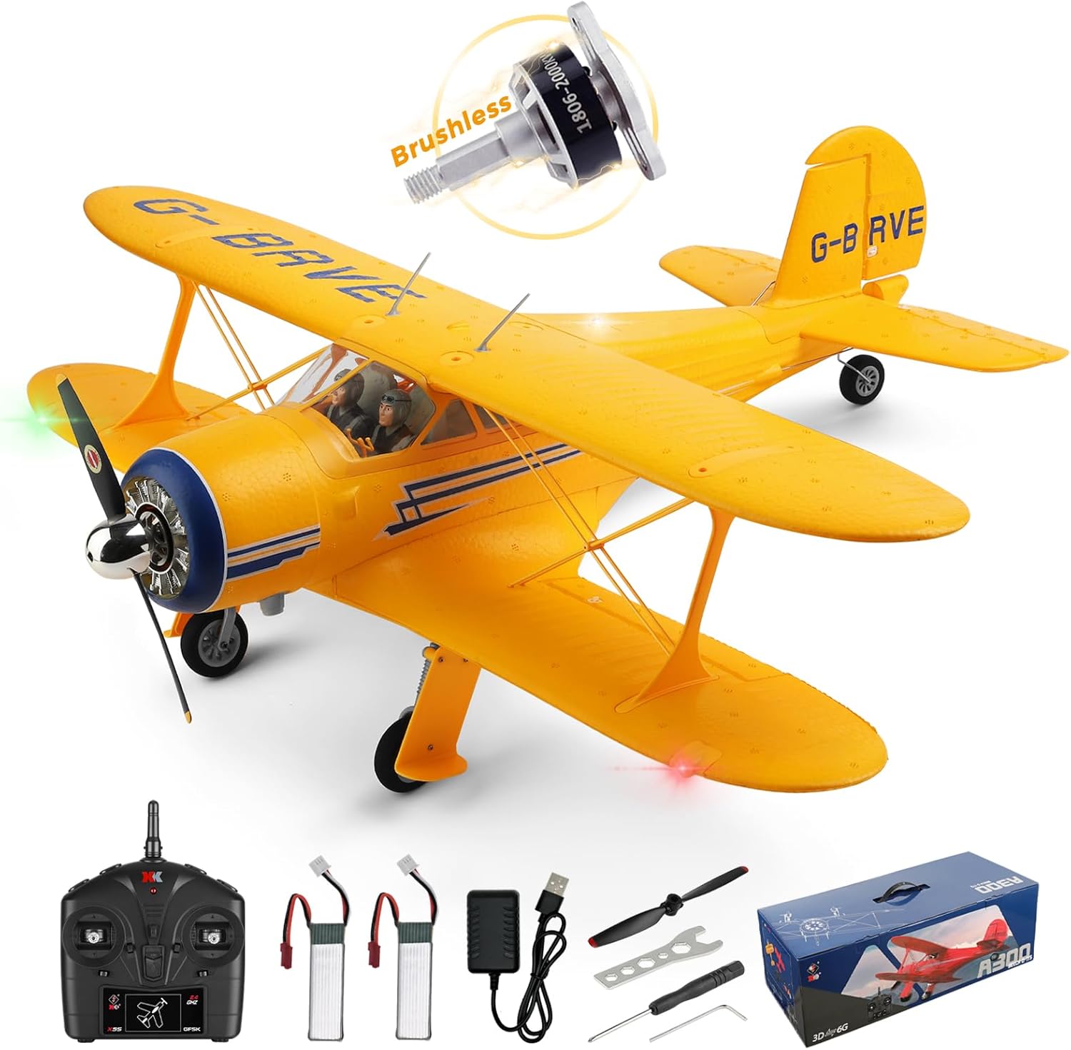 CKYSCHN WLtoys A300 4-Ch RC Plane, Beechcraft D-17 RC Airplanes with Lights, 6G/3D Brushless RC Planes with 2 Batteries, 2.4G Remote Control RC Airplanes Gifts for Adults