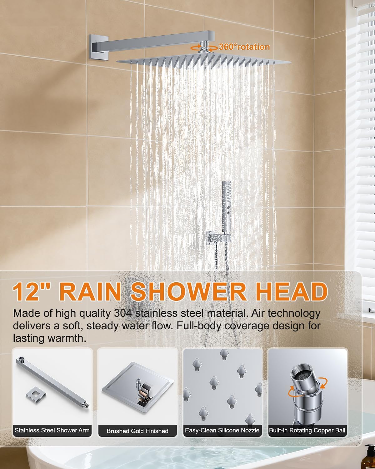 Chrome Shower System with Tub Spout, Wall Mounted Bathtub Shower Faucet Set, 12" Rainfall Shower Head and Handheld Shower Combo, High Pressure Shower Fixtures Set with Rough-in Valve