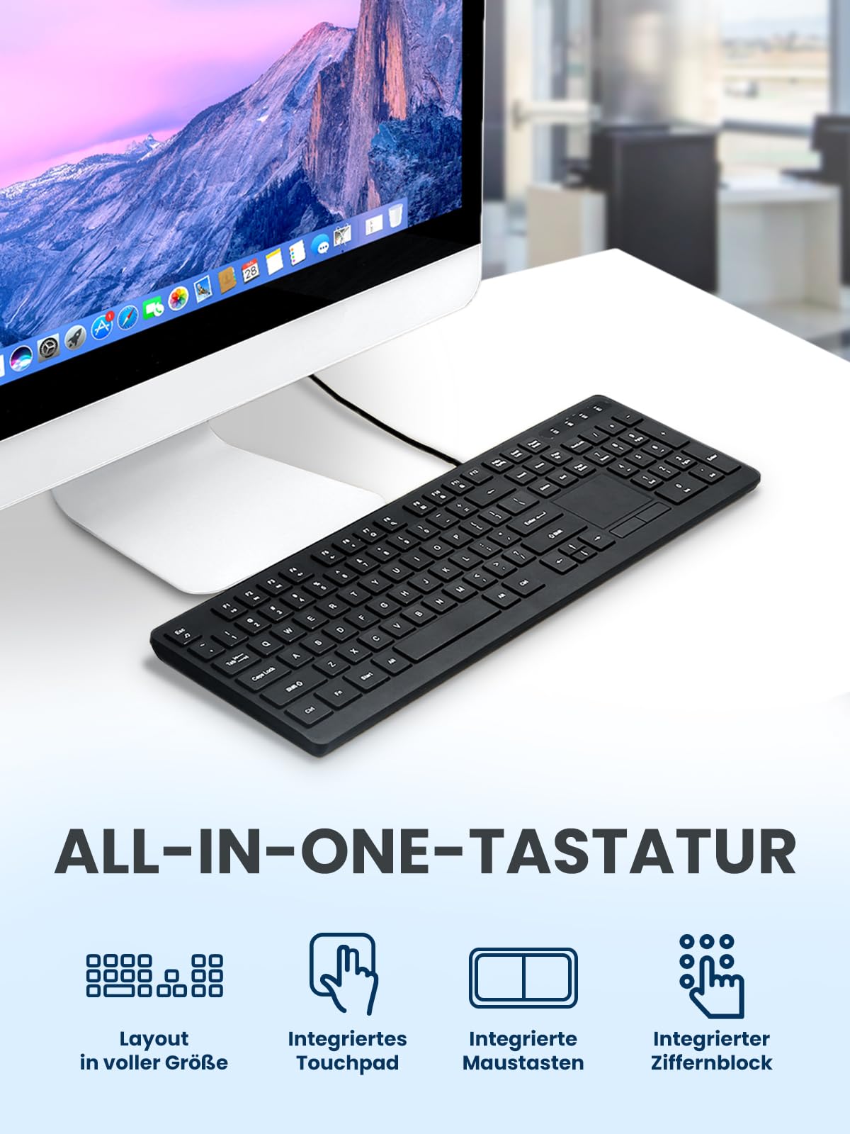 Perixx PERIBOARD-513III Kabelgebundene Full-Size-Tastatur mit integriertem Touchpad – Leise Scherentasten – Multimedia-Hotkeys – DE-Layout