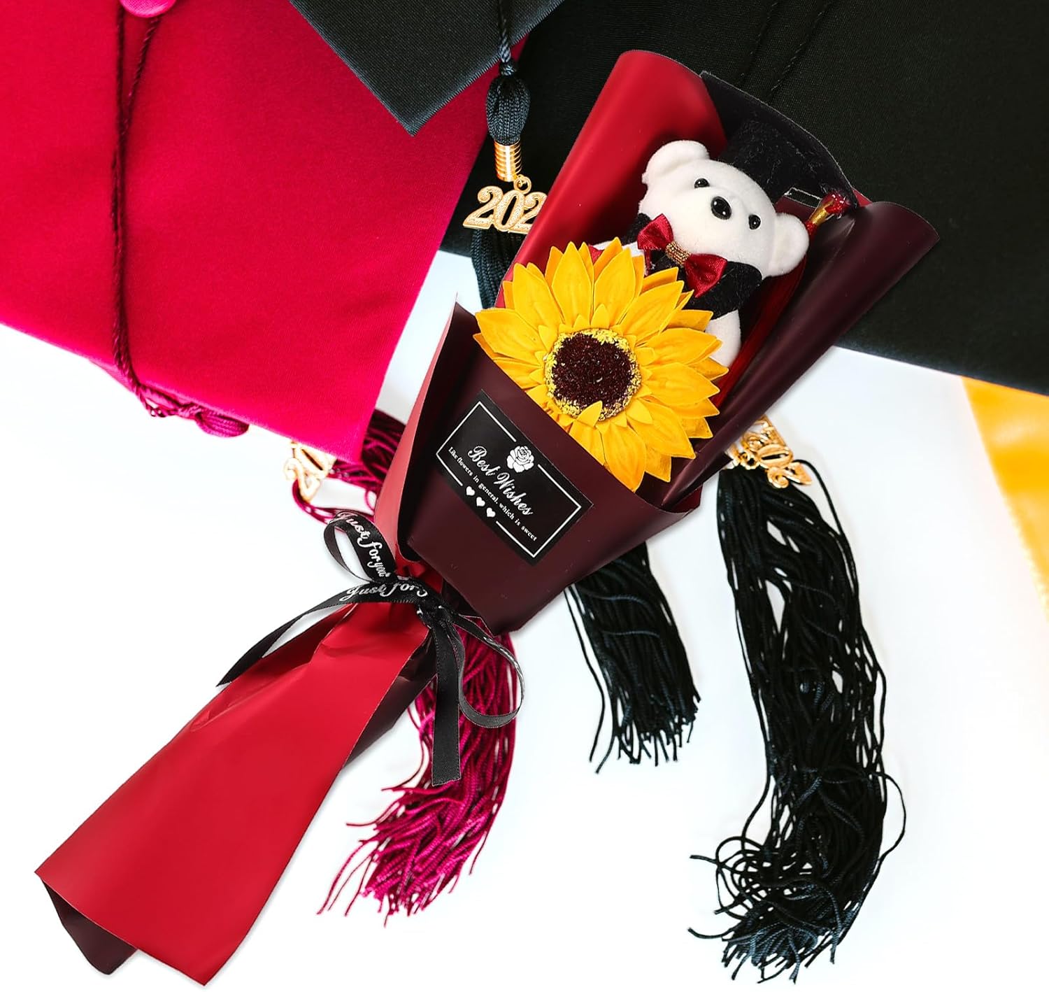 LUOZZY 3Pcs Graduation Artificial Flower Bouquet Graduation Bear Flower Bouquet Plush Bear Doll Rose Bouquet for Class of 2025 Grad Party Favor