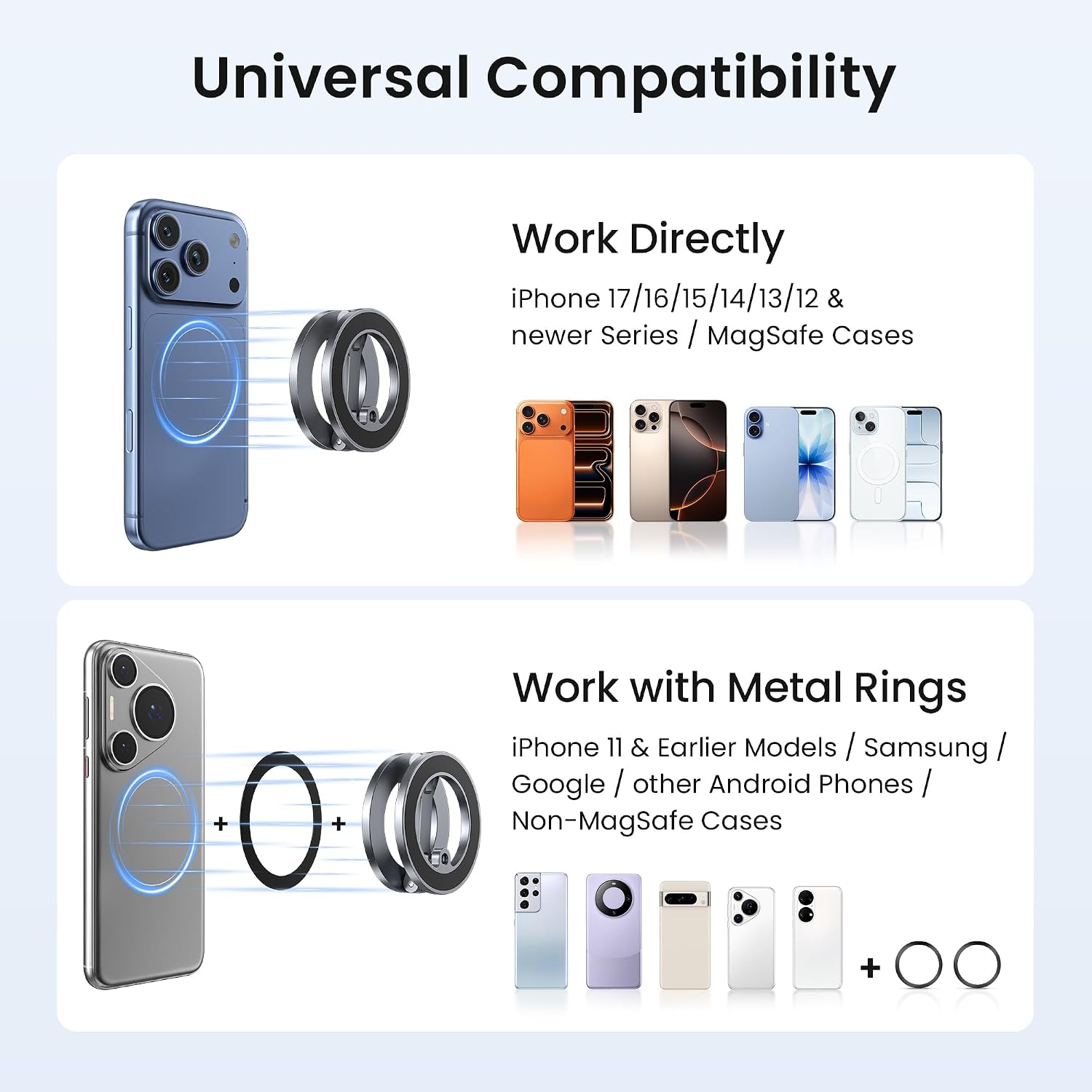 Itramax Magnetic Gym Phone Holder for Magsafe,Double Dual Ring Magnet Gym Phone Stand,360° Adjustable Cell-Phone Mount for iPhone 17 Air 16 15 14 13 12 Pro Max,Mag/Safe Case,Metal Surfaces,Golf Cart