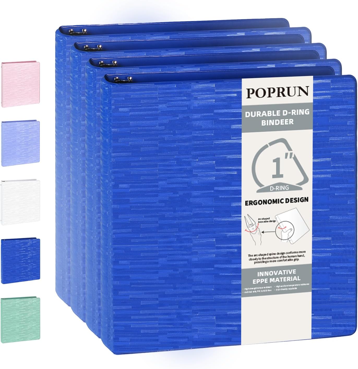 POPRUN 3 D Ring Binder 1 Inch, PVC-Free, Holds 225 Sheets of 8.5 x 11 Paper, Extra Durable Organizer with 2 Pockets for School & Office, Heavy-Duty, 4 Pack, Prussian Blue