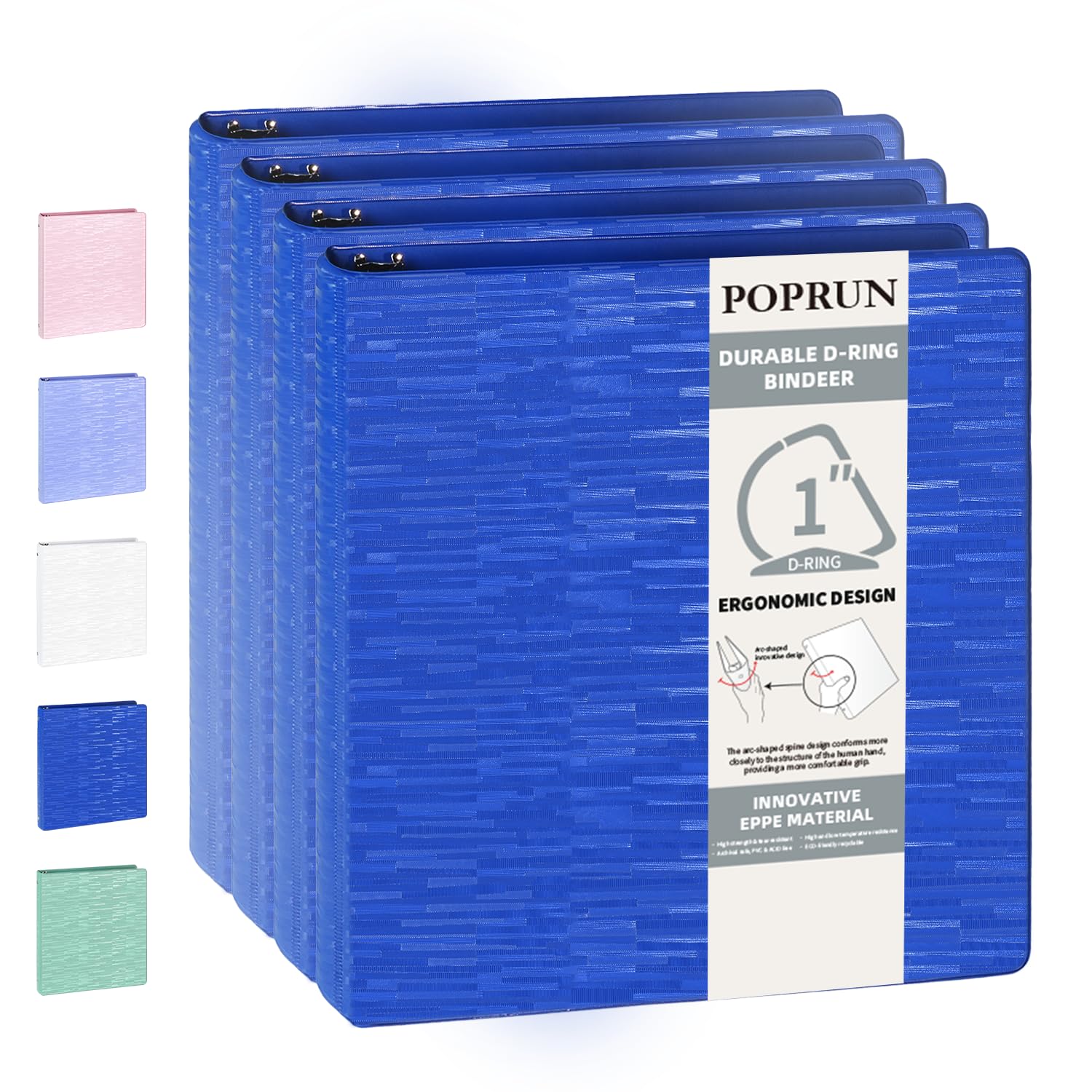 POPRUN 3 D Ring Binder 1 Inch, PVC-Free, Holds 225 Sheets of 8.5 x 11 Paper, Extra Durable Organizer with 2 Pockets for School & Office, Heavy-Duty, 4