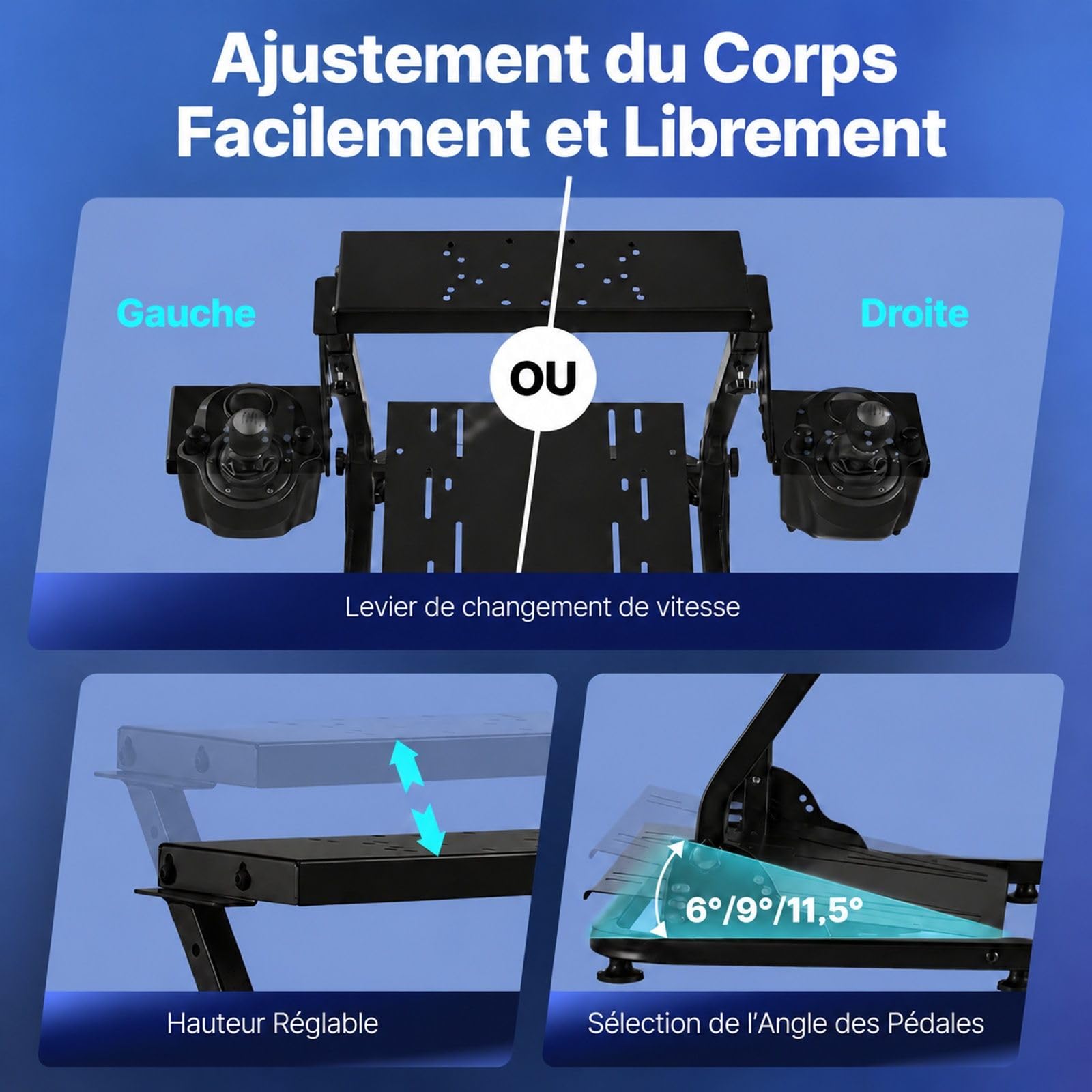 Support de volant de course pliable et réglable avec support pour pédalier, cockpit de simulation de conduite pour jeu de course, pédales non incluses