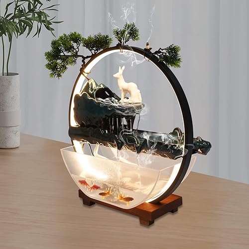 Miniatura 4 de Fuentes de agua de mesa para interiores, cascada con niebla, fuentes de agua LED para interiores para meditación con plantas falsas, decoración de