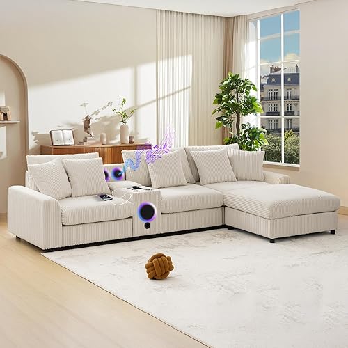 Sofá modular de pana de 114 pulgadas con altavoces, sofás en forma de L, cómodo sofá profundo con consola, cargador USB, portavasos, almacenamiento,