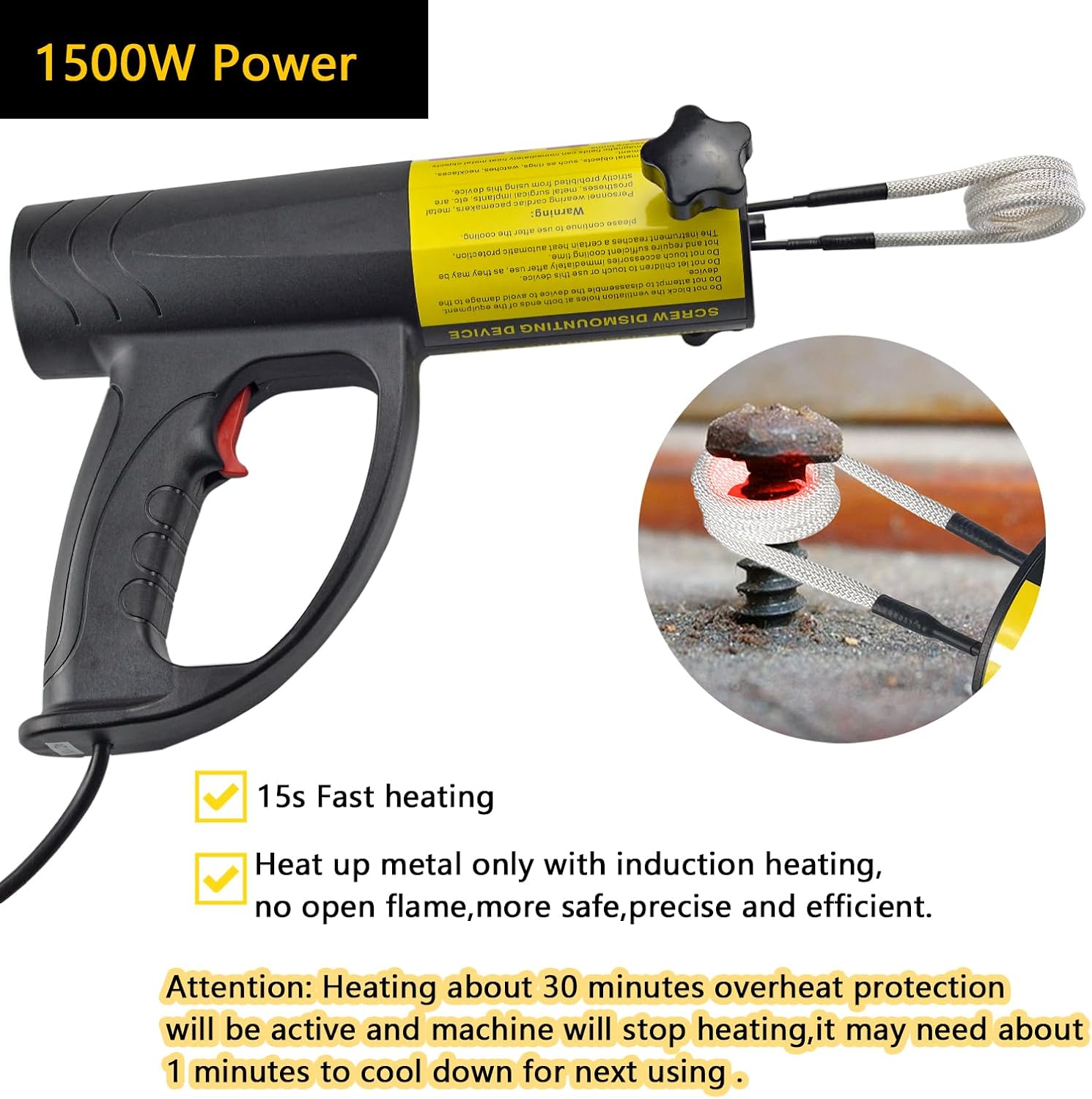 1500W Induction Heater Bolt Removal Tool, Induction Heater Kit Handheld Flameless Heating Tool with 4 Coils, Fast Heating Induction Bolt Heater Automotive Disassembly Repair Set