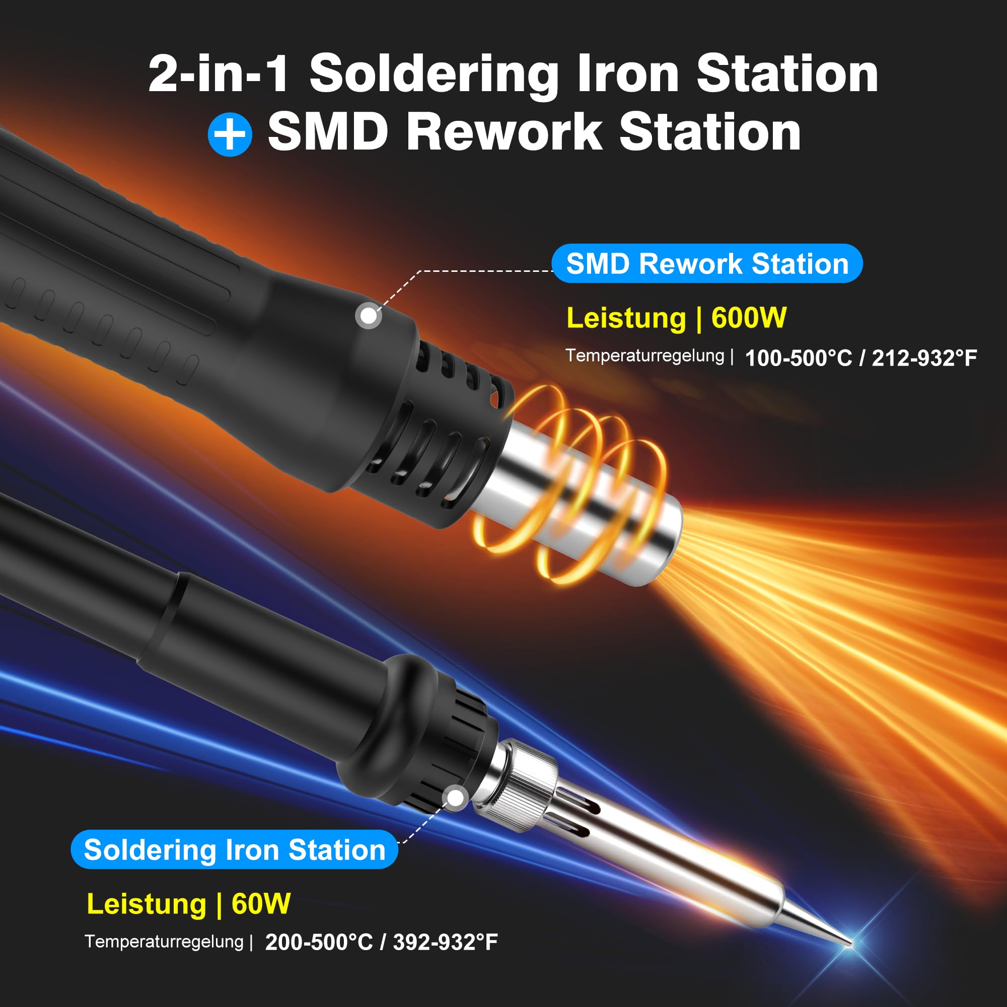 600W Station de Soudage 2 en 1, Fer a Souder + Pistolet Thermique, Affichage LED, Température Réglable 100-500°C, Conversion °C/°F, Étalonnage de la Température et Fonction Sleep