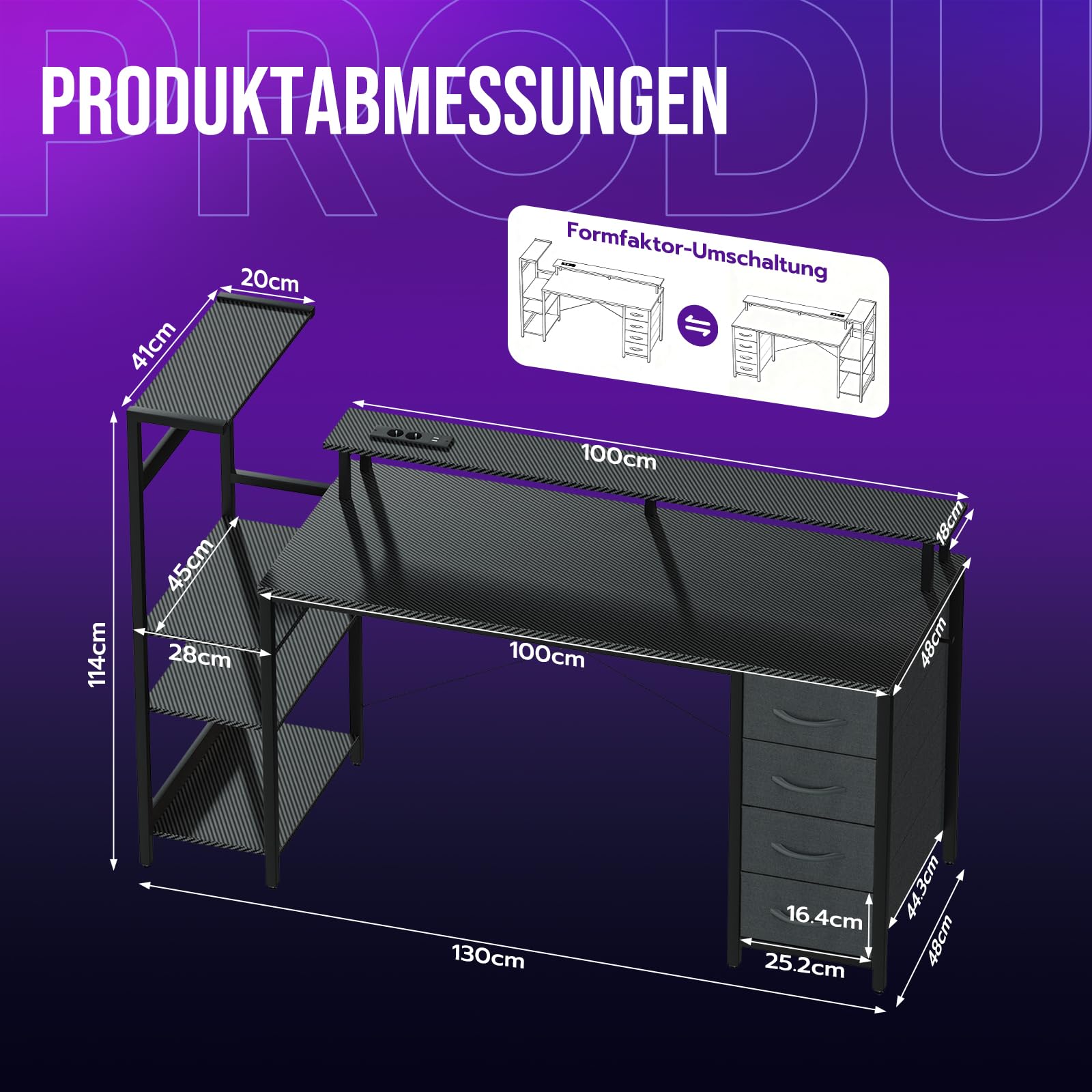 YOUDENOVA Gaming Schreibtisch 130 * 50cm,Gaming Tisch mit LED-Beleuchtung & Steckdose,Computertisch mit Schubladen,Carbon Fiber Schwarz