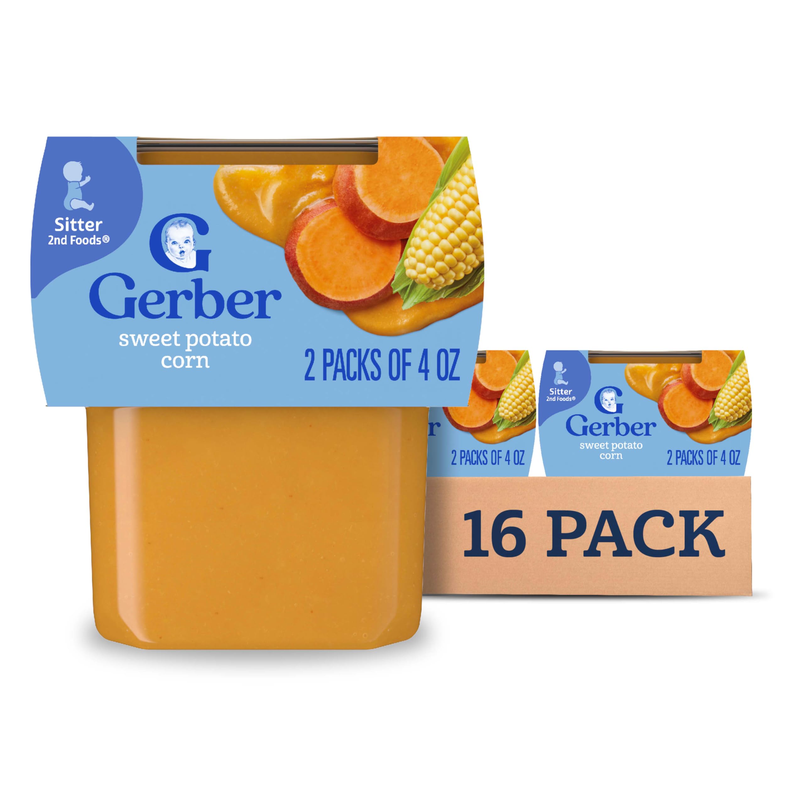 Gerber Baby Food 2nd Foods Blends, Sweet Potato Corn Puree, Veggie Power, Natural & Non-GMO, 4 Ounce Tubs, 2-Pack (Pack of 8)