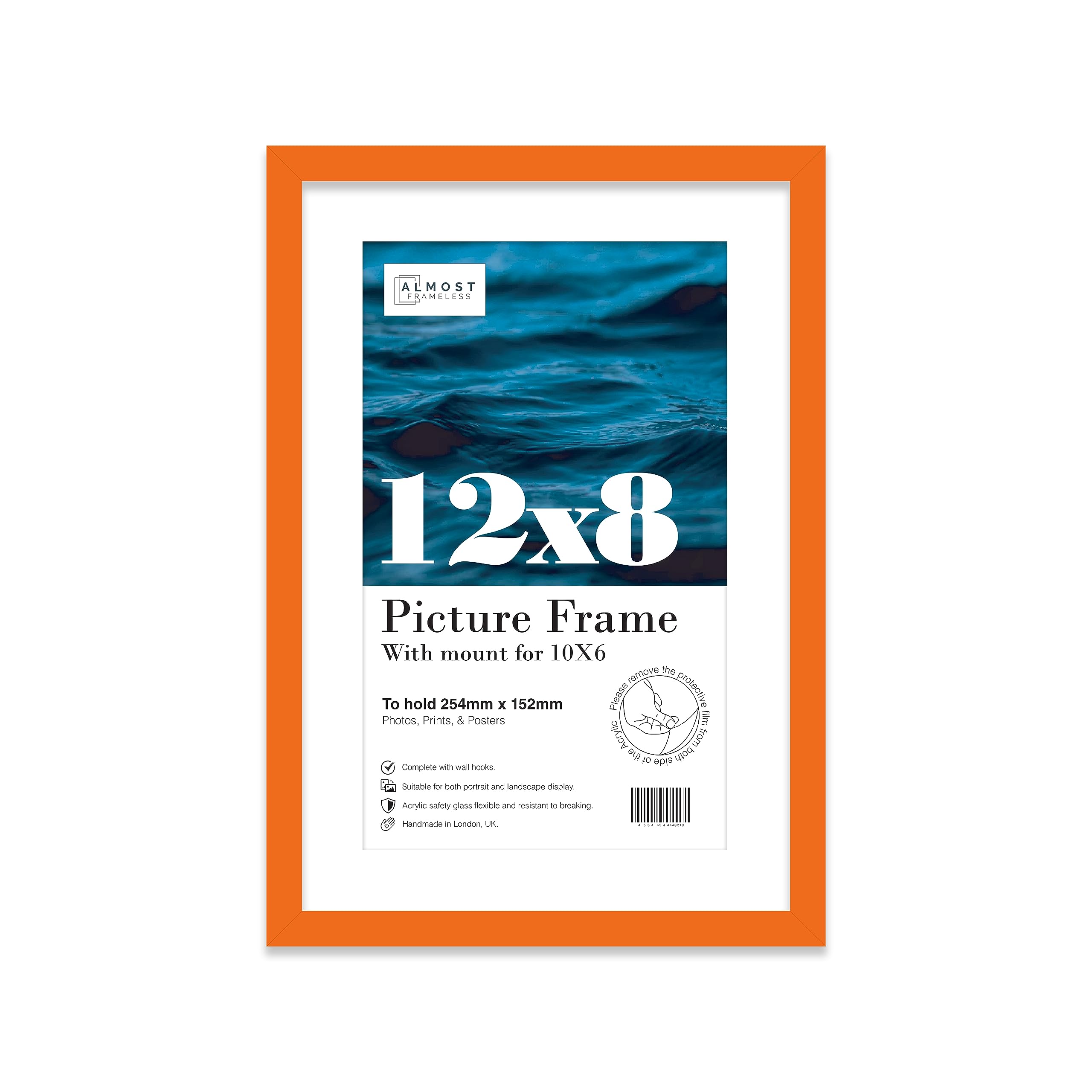 Almost Frameless 12x8 Orange Picture Frame With Mount for 10x6 Print, Poster or Photo Poster, Photo, Artwork, or Print. Thin Edge Slim Frame Portrait and Landscape Display with Wall Hooks