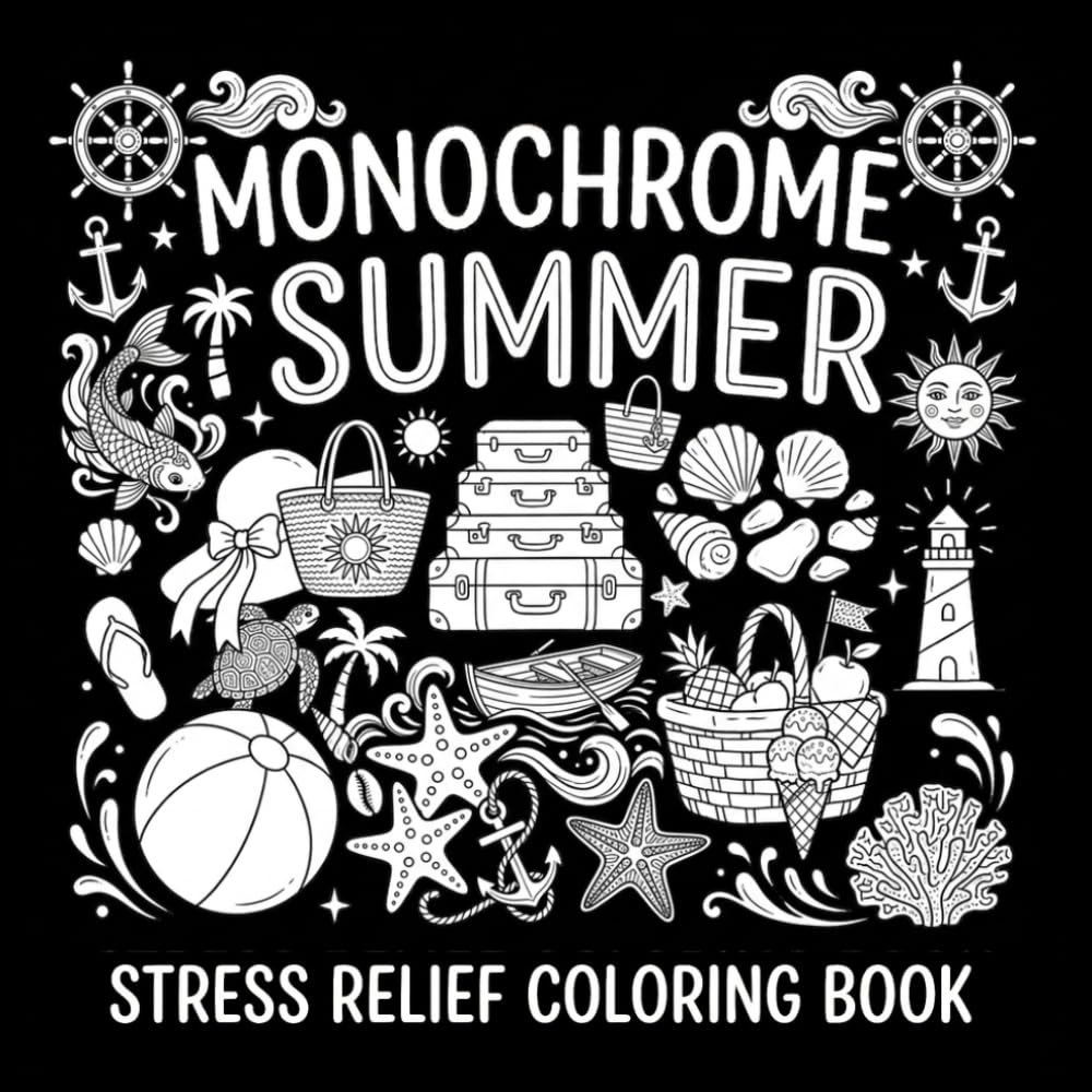 Monochrome Cozy Summer Moments Coloring Book: Cute Black and White Coloring Book with Cozy Summer Scenes, Beach Days, Tropical Relaxation, Bold Easy ... and Mindful Coloring for Adults and Teens