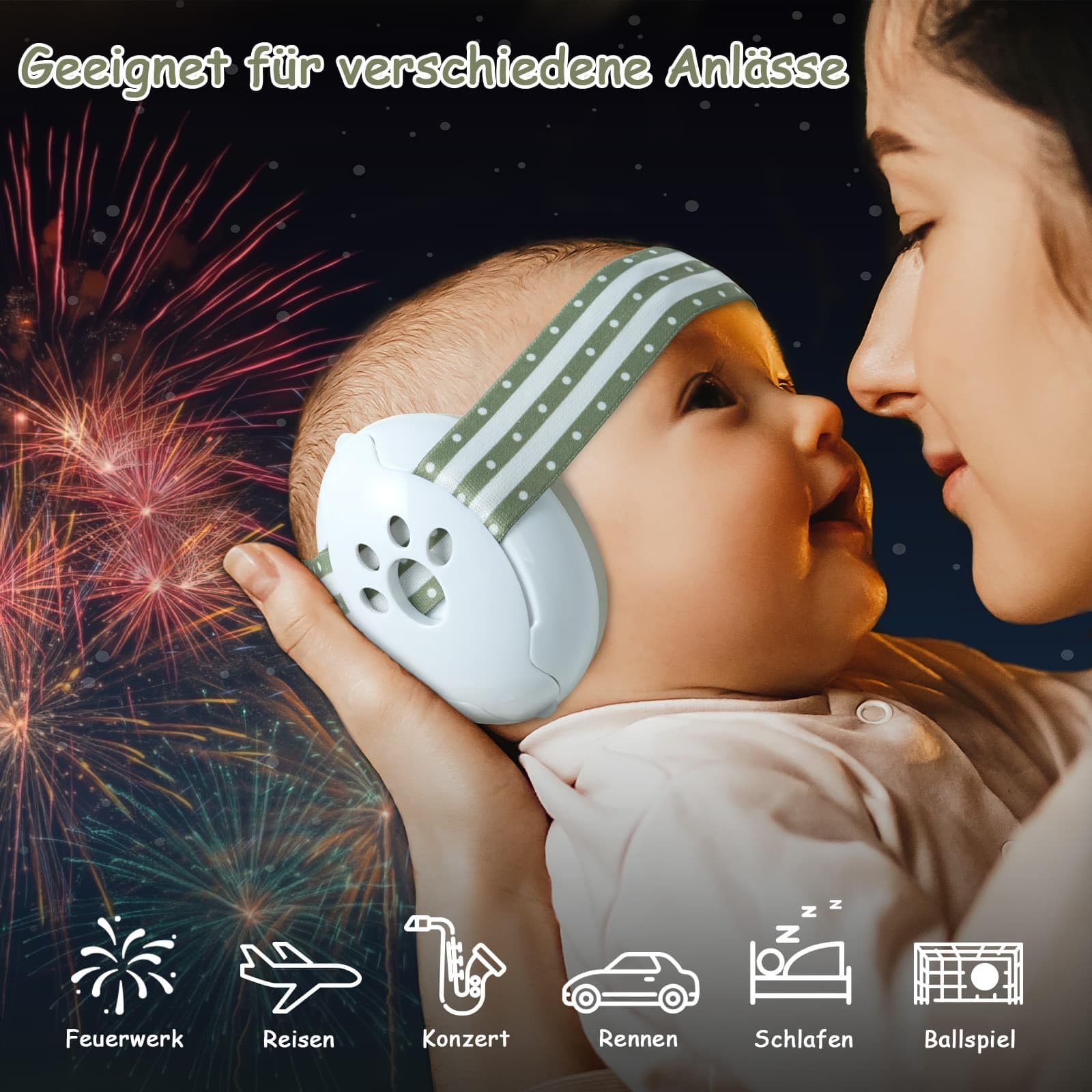 Yoofoss Gehörschutz Baby 0-36 Monate - Baby Kopfhörer Lärmschutz 25dB - Ideal für Flugzeug und Reise - CE - Verstellbares Anti-Rutsch-Kopfband, Weiche Ohrenschützer - Grün