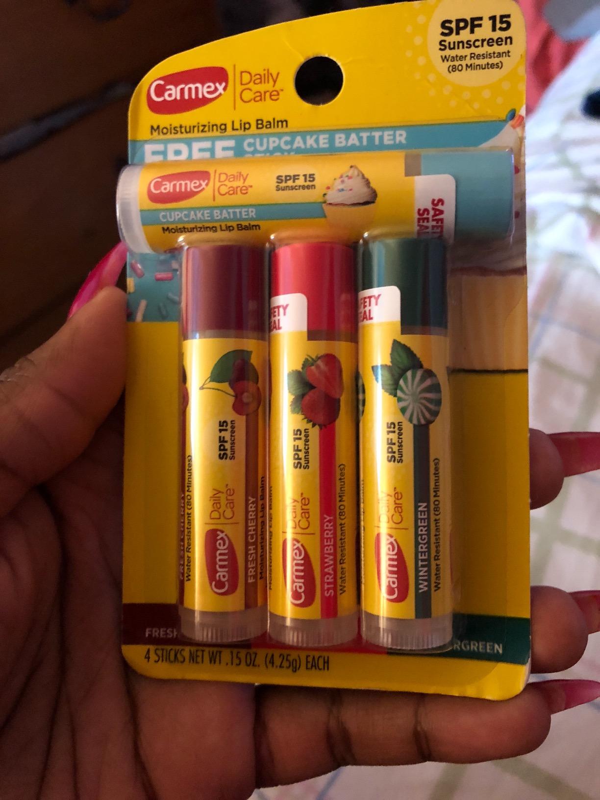 Carmex Daily Care Moisturizing Lip Balm Pack, Lip Balm With Sunscreen in Fresh Cherry, Strawberry and Wintergreen - 0.15 Ounce (Pack of 3)