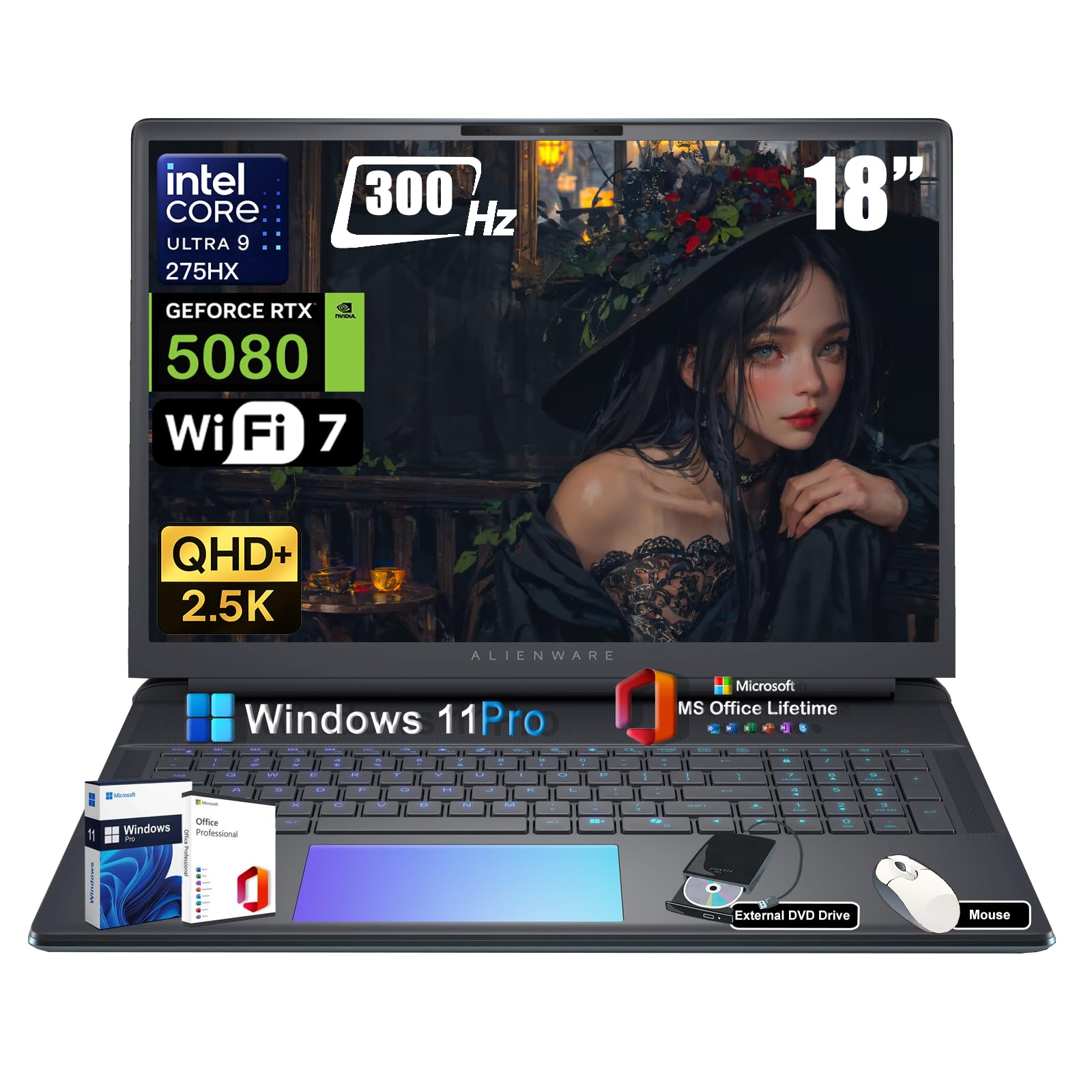 Alienware 18 Area-51 Computer portatile da gioco - Intel Ultra 9 275HX (24 core, fino a 5,4 GHz), RTX 5080 GDDR7, 18 pollici 2,5 K QHD+ 300 Hz, con unità DVD, Win 11 Pro, durata della batteria