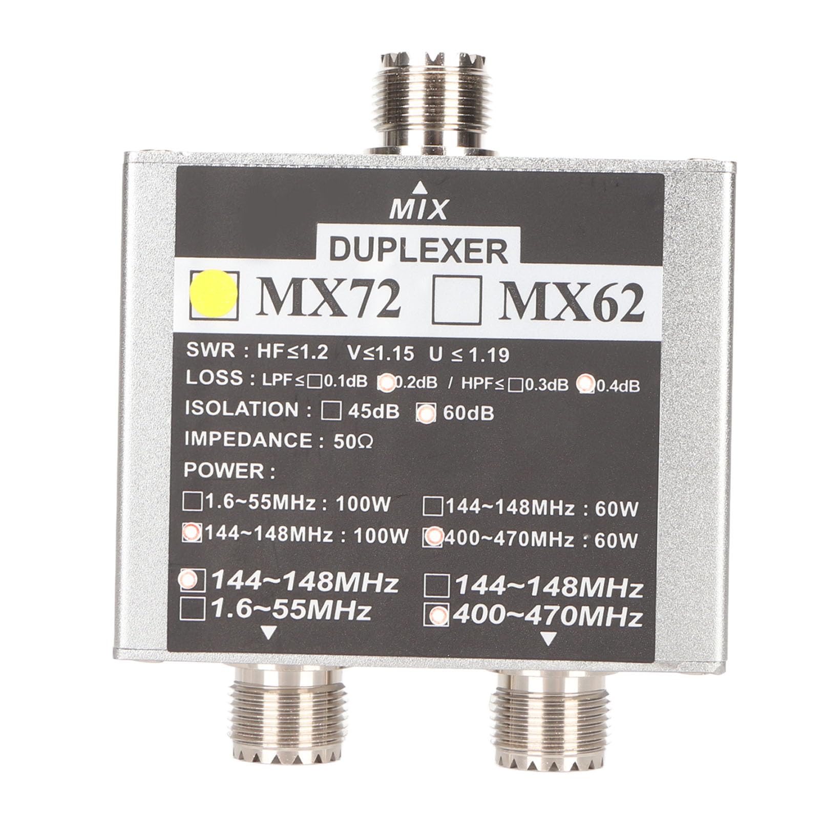 Combinador de Antena Walkie Talkie de Jamón MX72 de Alto Rendimiento con Duplexor de Estación de Tránsito Multifrecuencia VHF UHF, Aislamiento Súper de 60 DB para Uso en Interiores