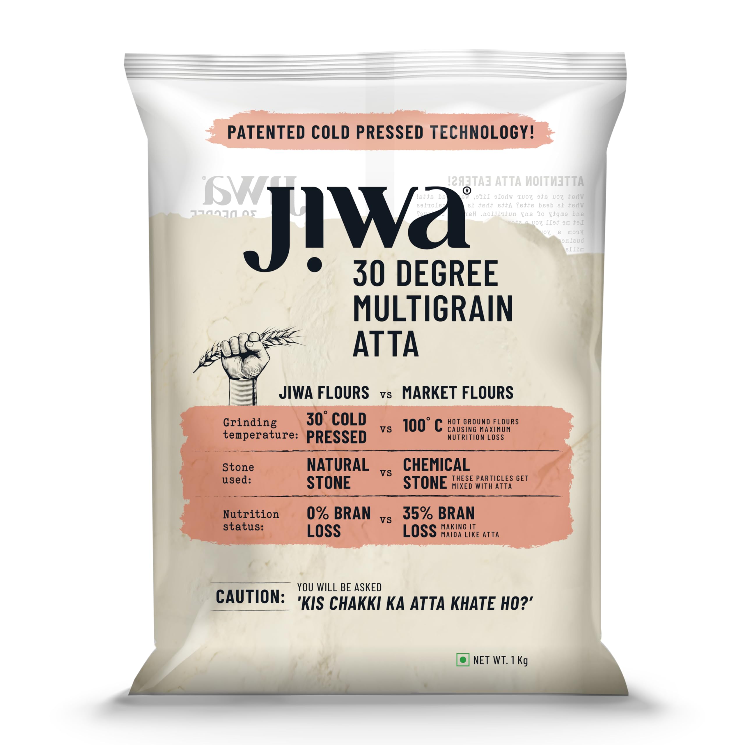 Jiwa 30 Degree Multigrain Flour / Atta| Patented Cold Pressed Flour | Slow Ground | Sweet Taste And Aroma | Puffed Soft Rotis |1 kg