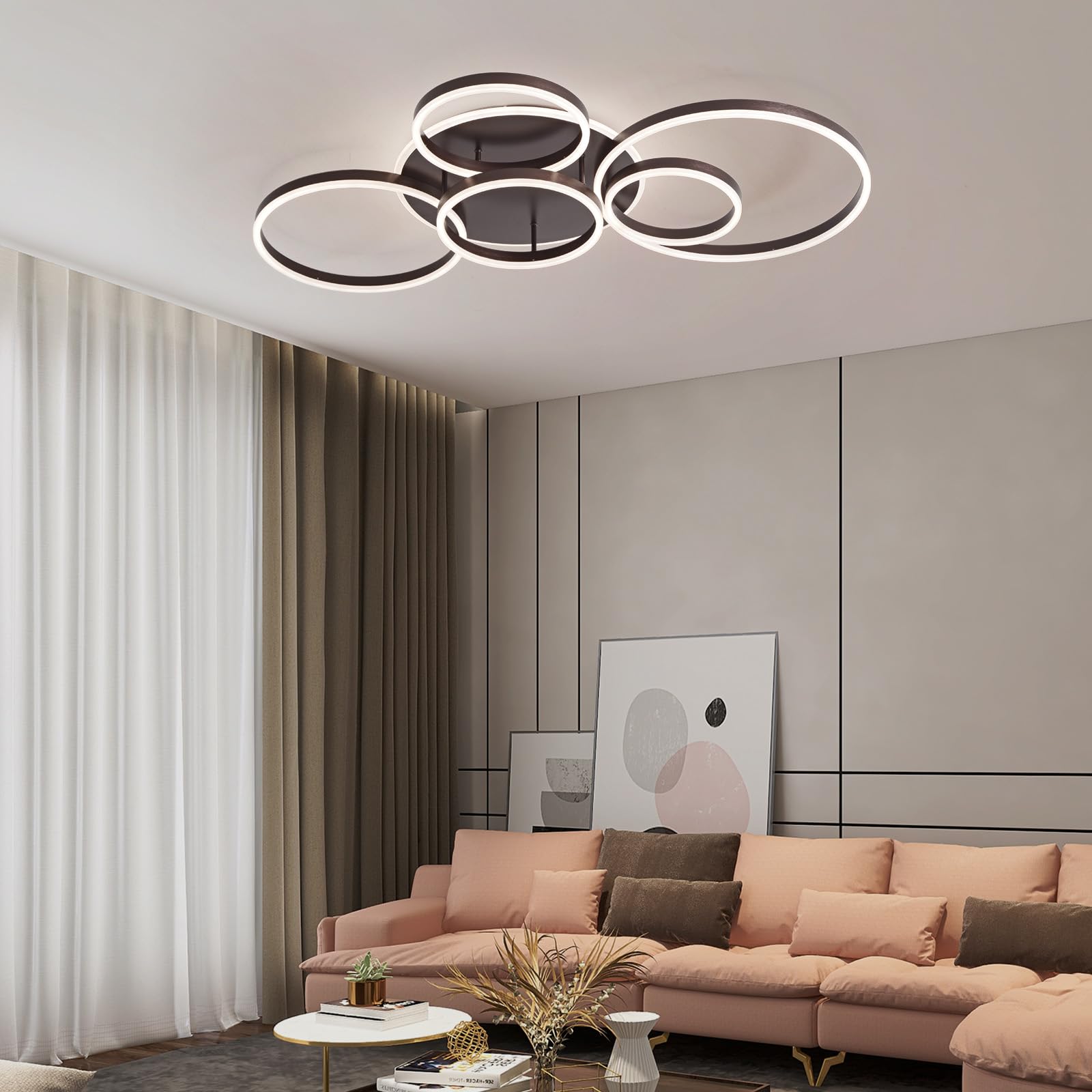 Plafon Led Techo Regulable,Montaje Empotrado 108W 6400Lm LáMpara Techo Con Control Remoto,Moderna LáMpara De ArañA De 6 Anillos Para Sala De Estar Dormitorio Comedor Pasillo,3000-6000K,MarróN