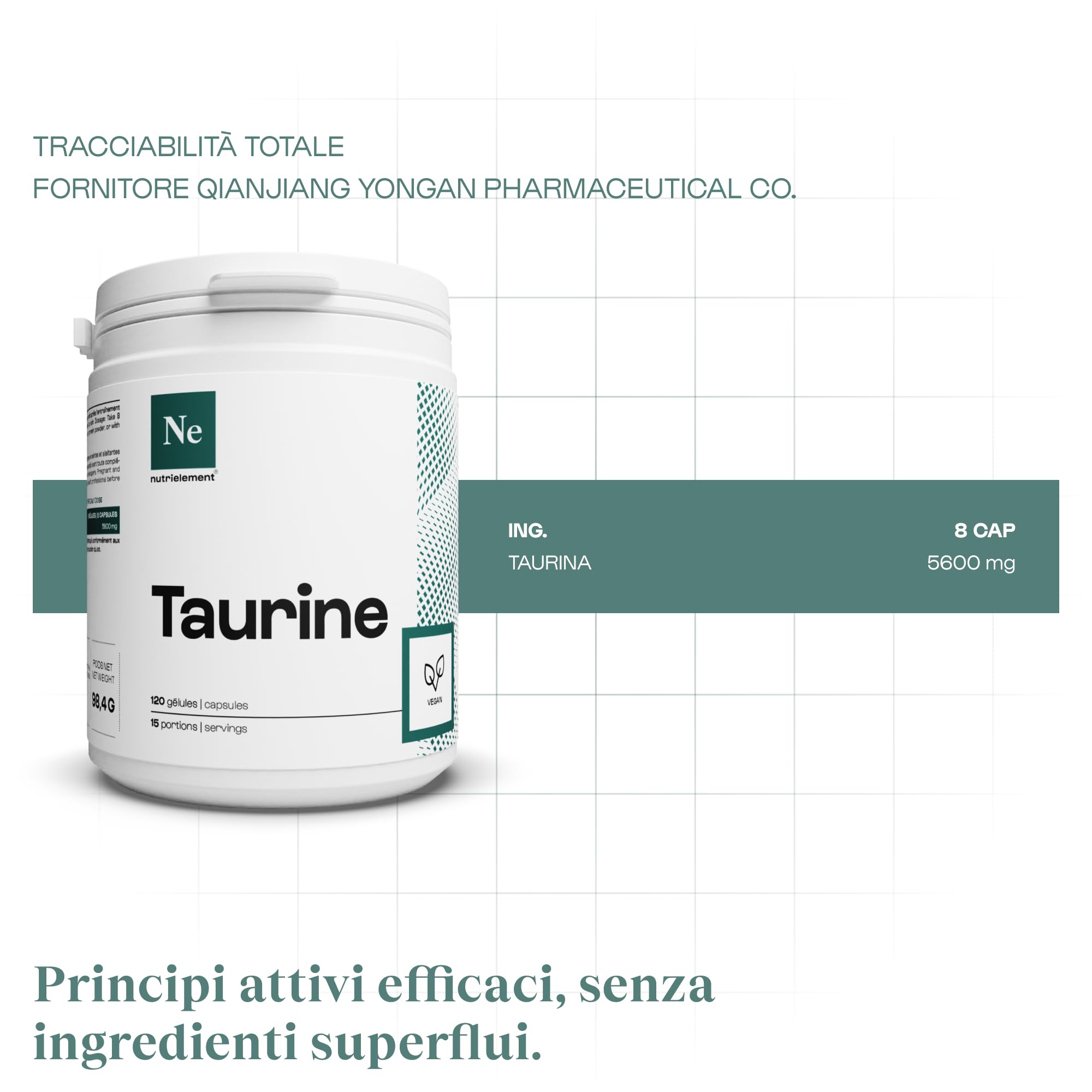 Taurina pura al 100% | Prestazioni atletiche - Miglioramento del sonno - Taurina vegetale - Non OGM - Benessere e Sport | Nutrimuscle | 120 capsule