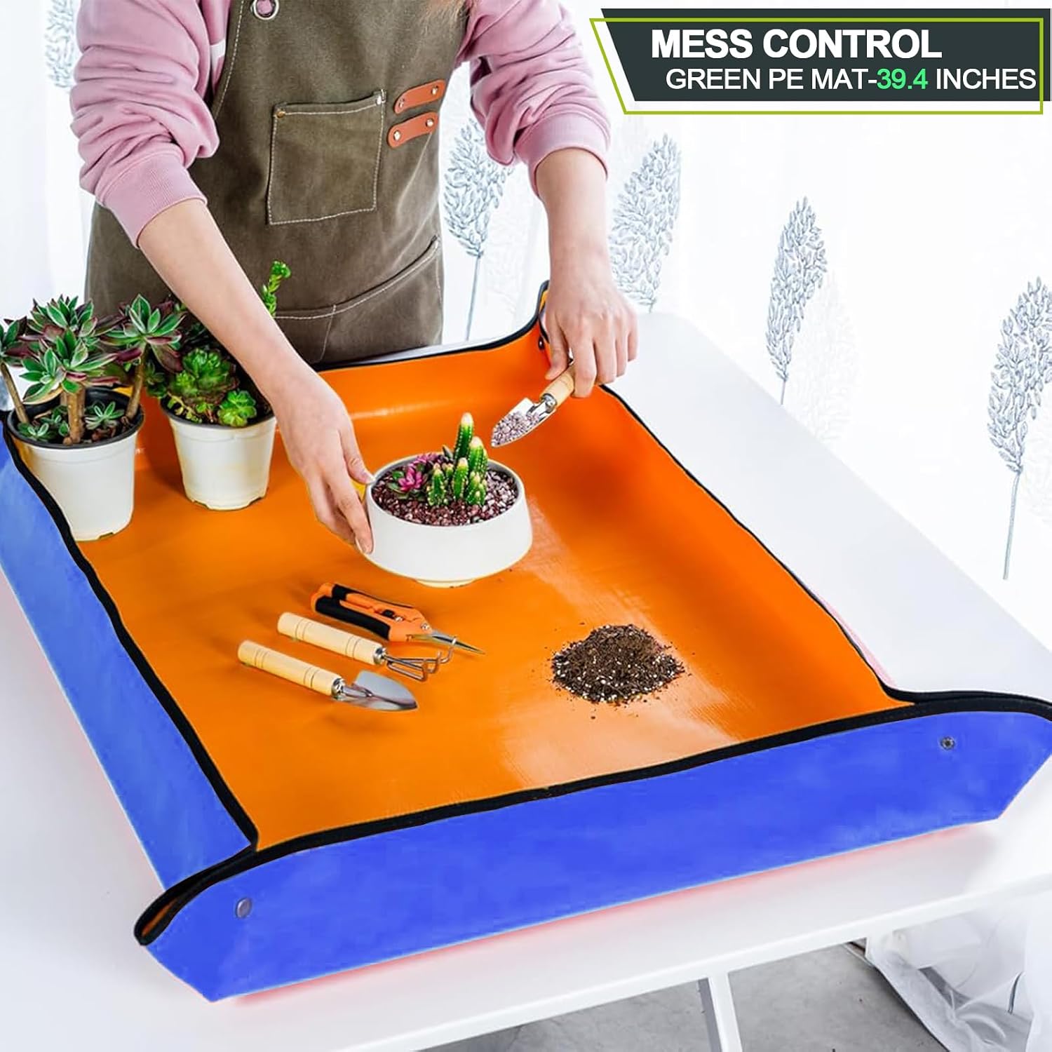 Potting Repotting Mat for Indoor Large Thickened Foldable 39.5x39.5 in Plants Portable Waterproof Square Foot Gardening Grid Tray for Live Pots Transplanting and Soil Dirt Control Mix